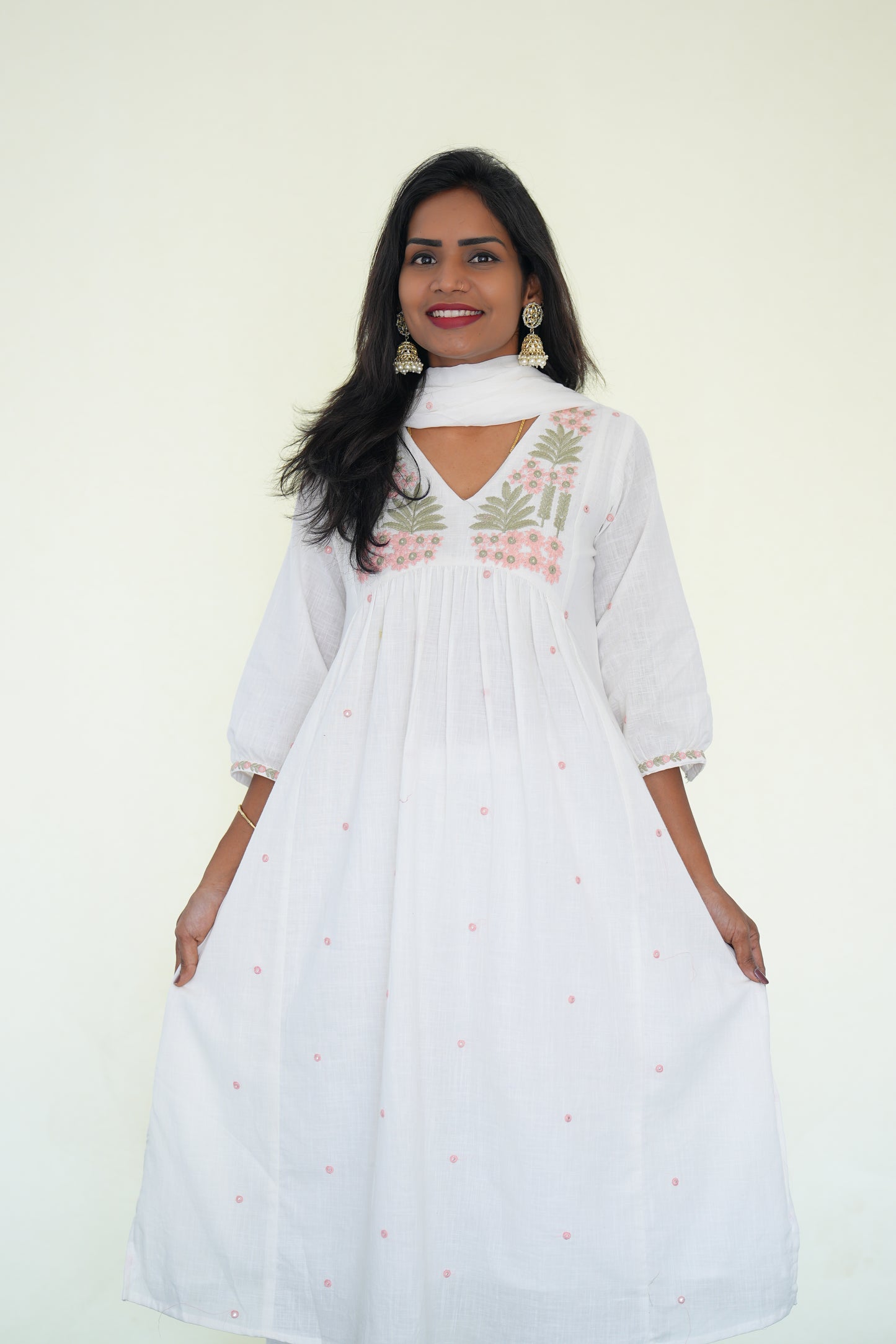 White Color Jaipuri Slub Cotton 3 Piece Set With Embroidery Work and Complete Lining