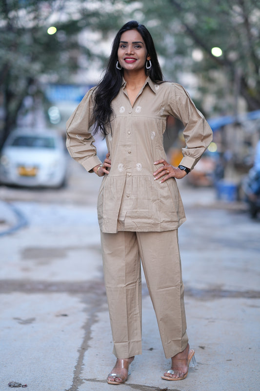 Beige Color Jaipur Cotton Office Wear Cordset