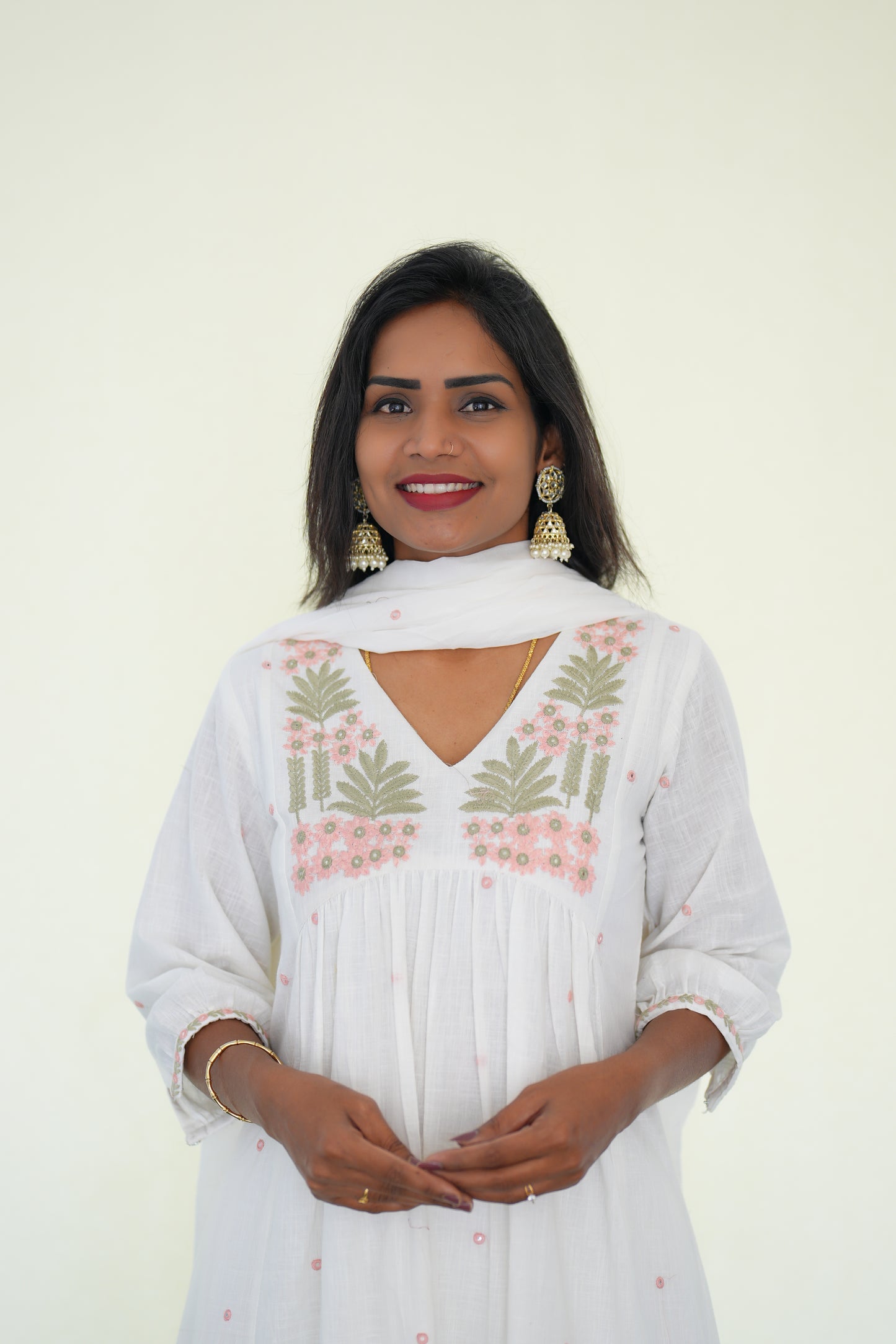White Color Jaipuri Slub Cotton 3 Piece Set With Embroidery Work and Complete Lining