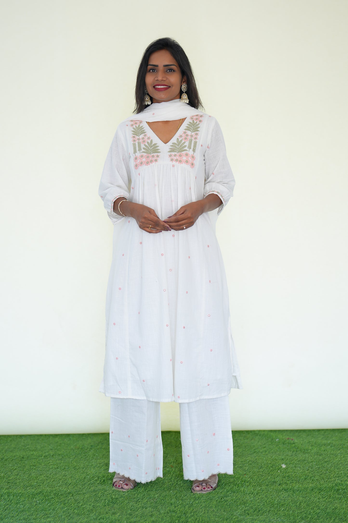White Color Jaipuri Slub Cotton 3 Piece Set With Embroidery Work and Complete Lining