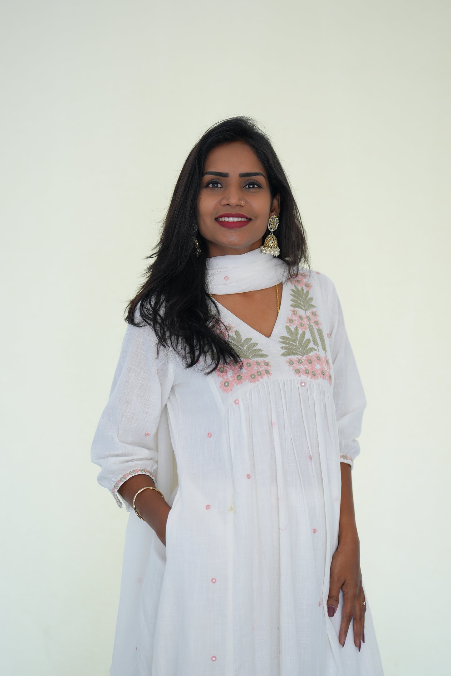 White Color Jaipuri Slub Cotton 3 Piece Set With Embroidery Work and Complete Lining