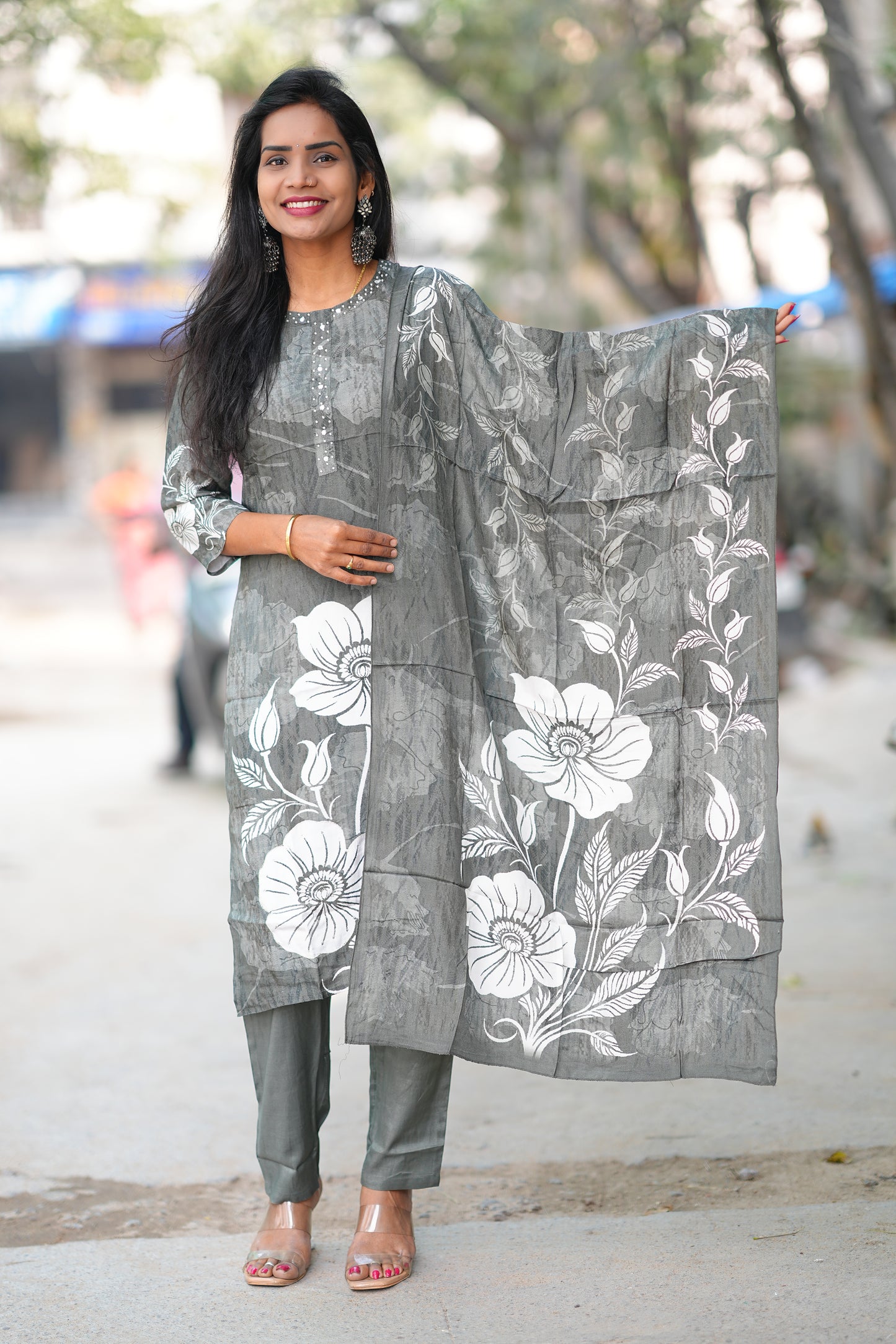 Grey Color Color Pure Crape Festive Wear 3 Piece Set