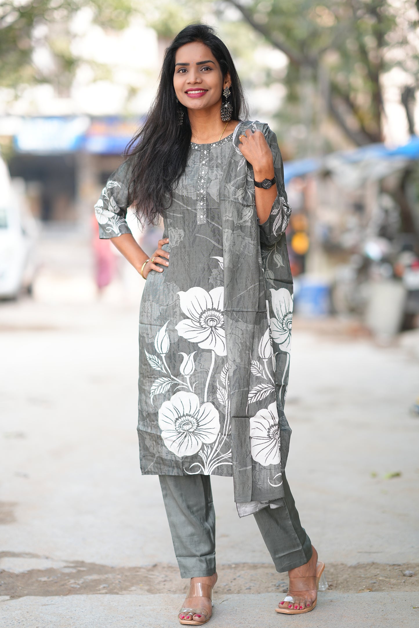 Grey Color Color Pure Crape Festive Wear 3 Piece Set