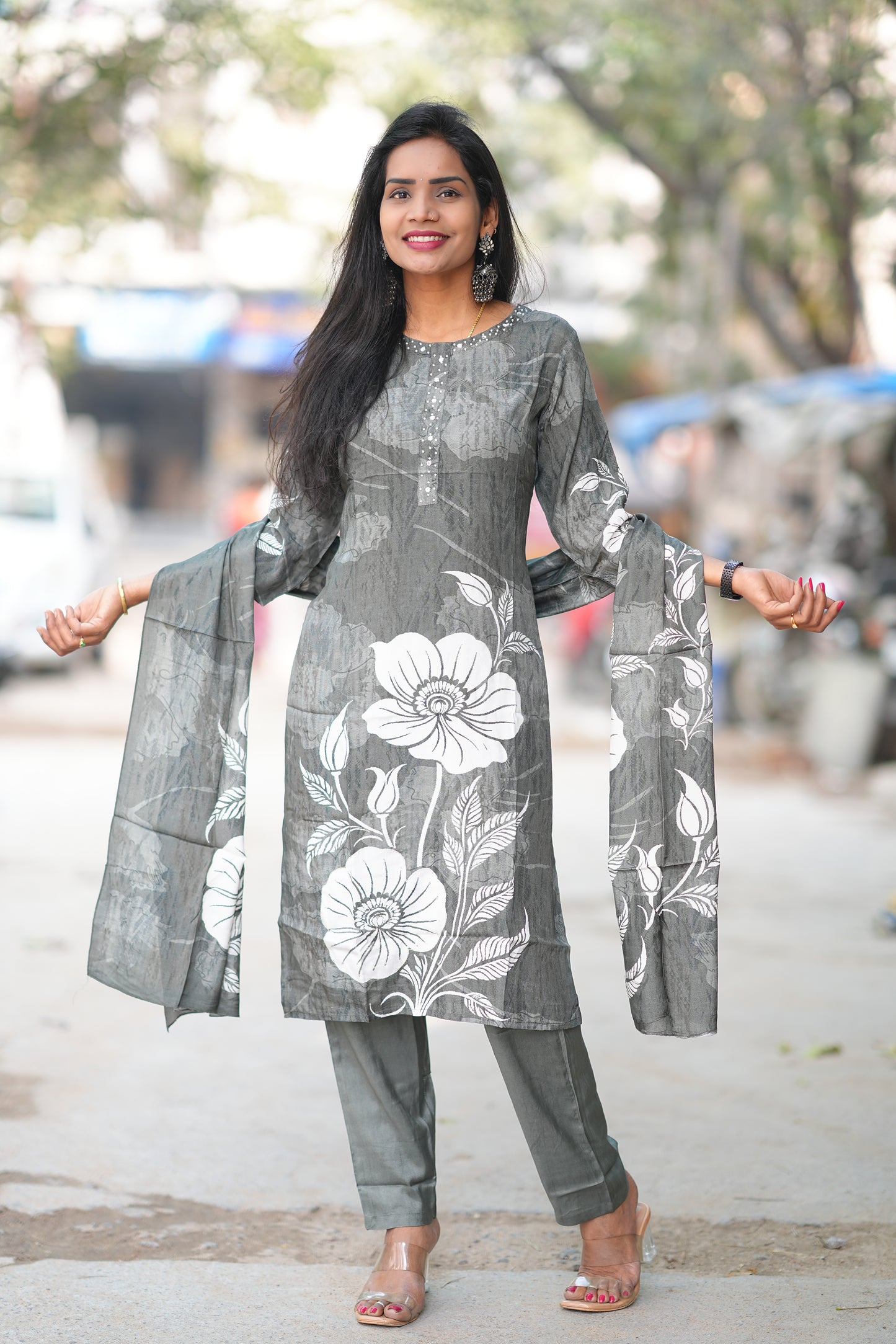 Grey Color Color Pure Crape Festive Wear 3 Piece Set