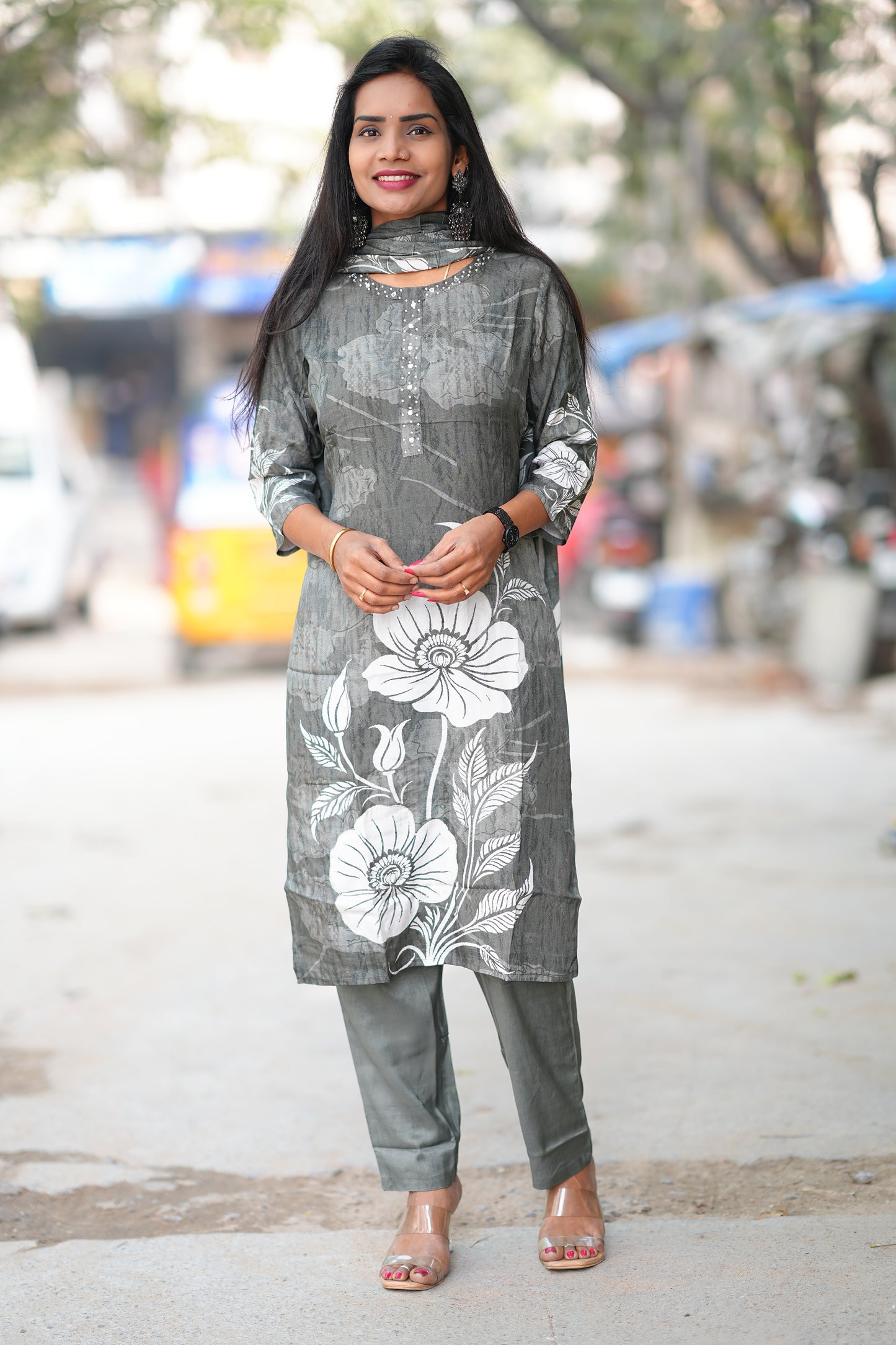 Grey Color Color Pure Crape Festive Wear 3 Piece Set