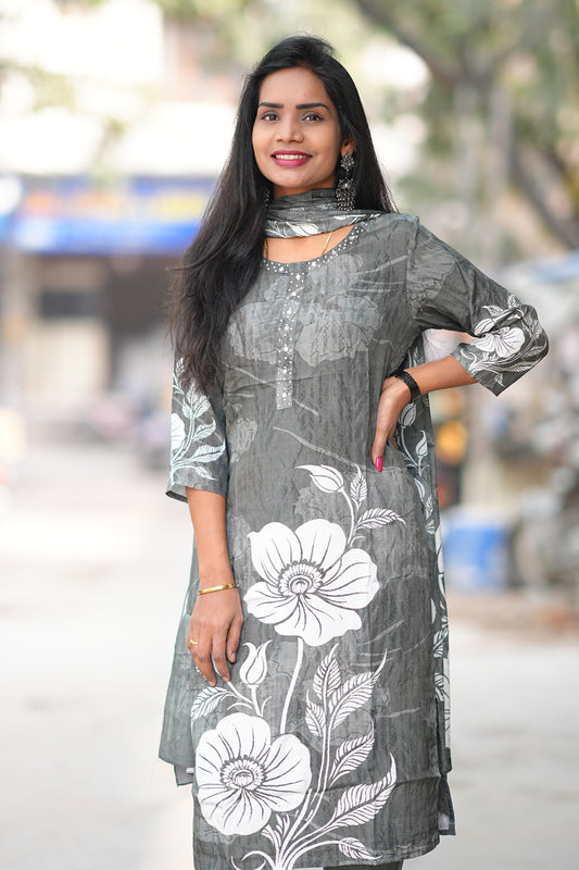 Grey Color Color Pure Crape Festive Wear 3 Piece Set