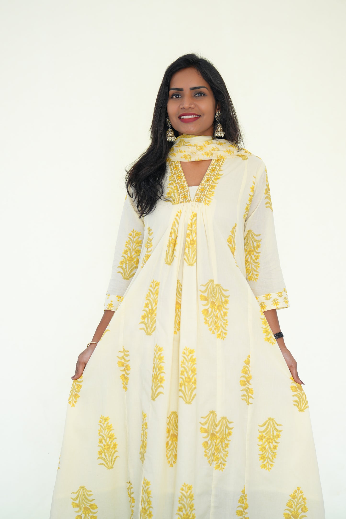 White Color Mul Cotton 3 Piece Set With yellow color Block Print and Complete Lining