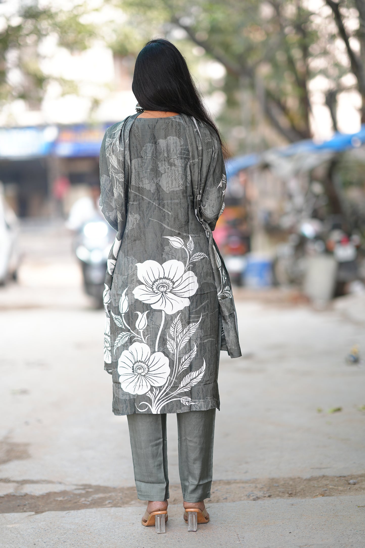 Grey Color Color Pure Crape Festive Wear 3 Piece Set
