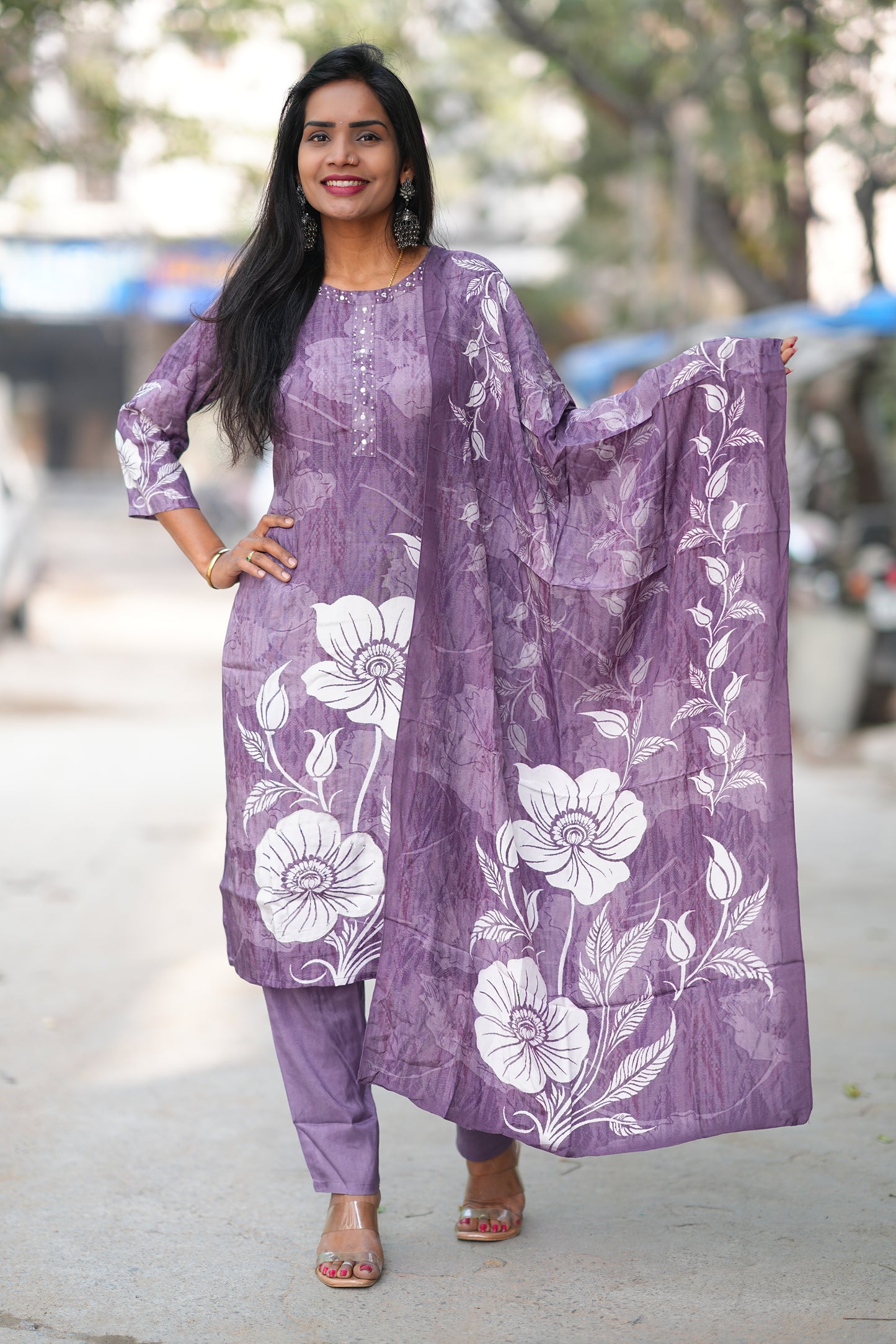 Purple Color Pure Crape Festive Wear 3 Piece Set
