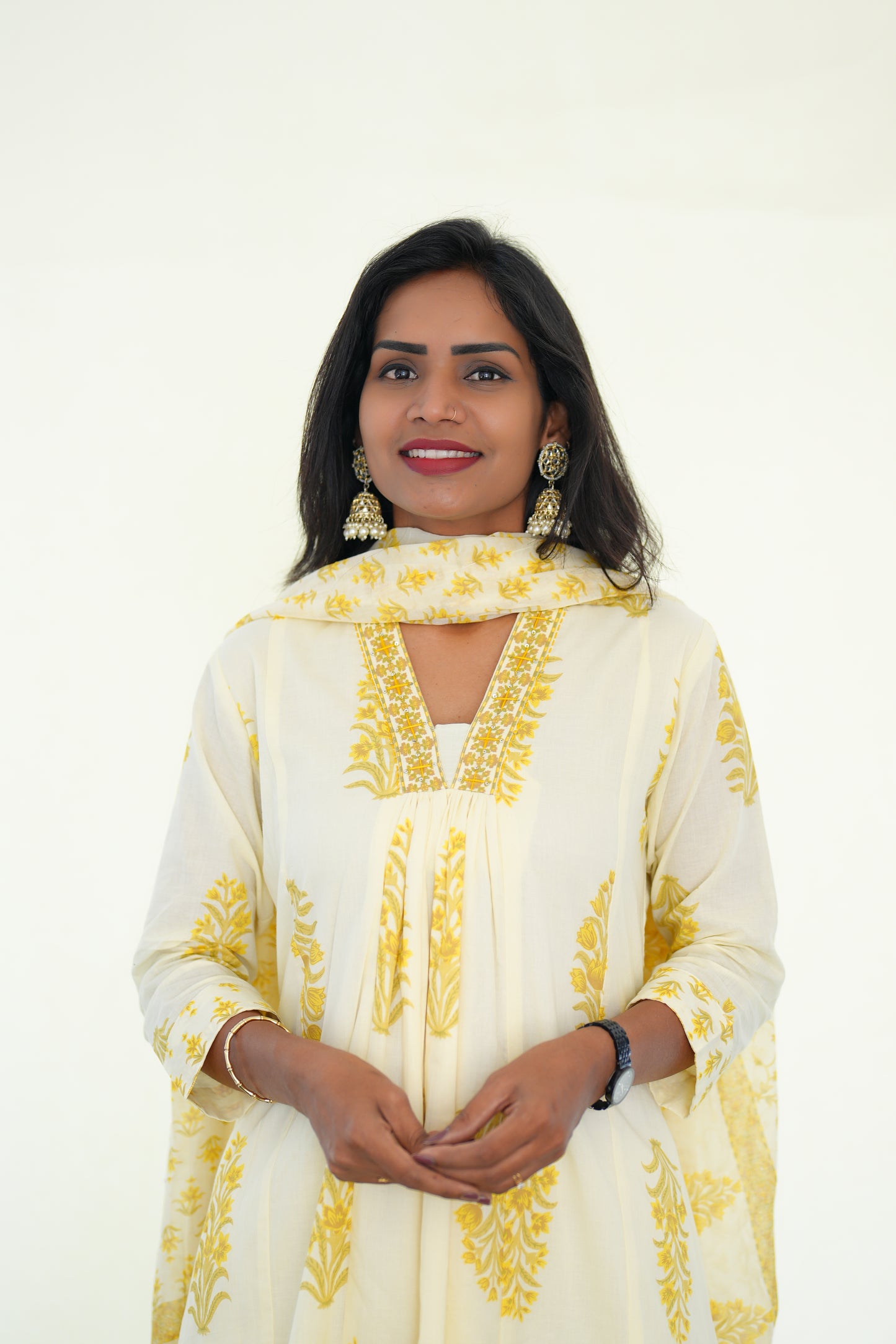 White Color Mul Cotton 3 Piece Set With yellow color Block Print and Complete Lining