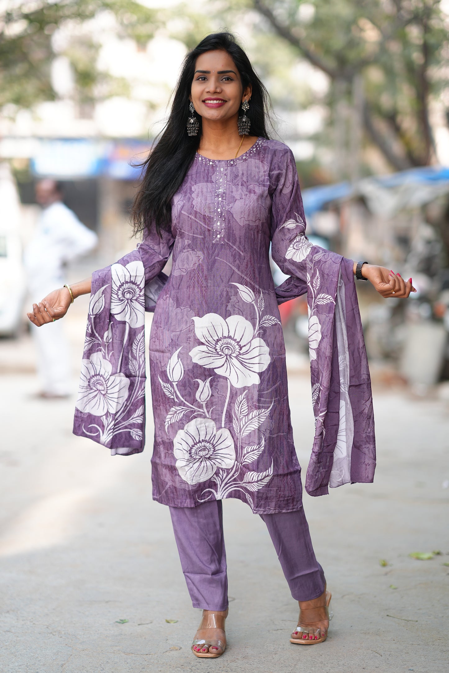 Purple Color Pure Crape Festive Wear 3 Piece Set