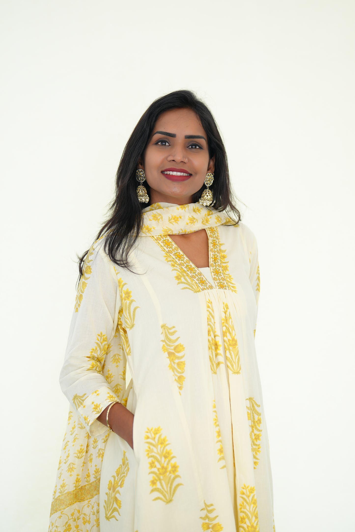White Color Mul Cotton 3 Piece Set With yellow color Block Print and Complete Lining