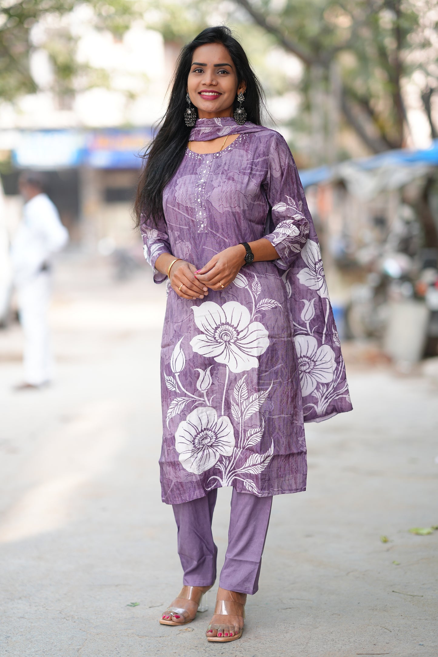 Purple Color Pure Crape Festive Wear 3 Piece Set