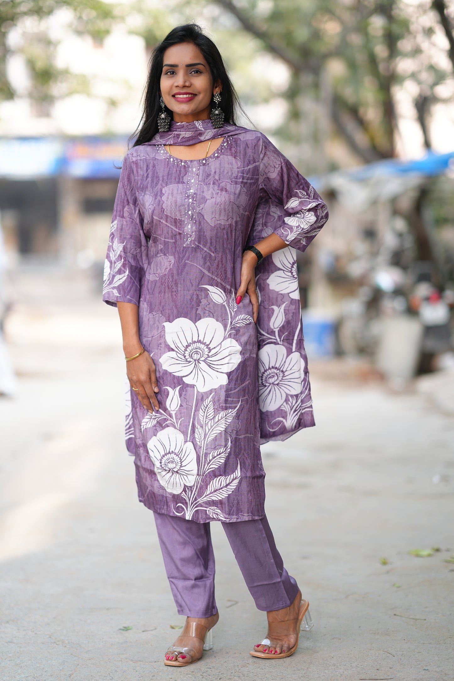 Purple Color Pure Crape Festive Wear 3 Piece Set