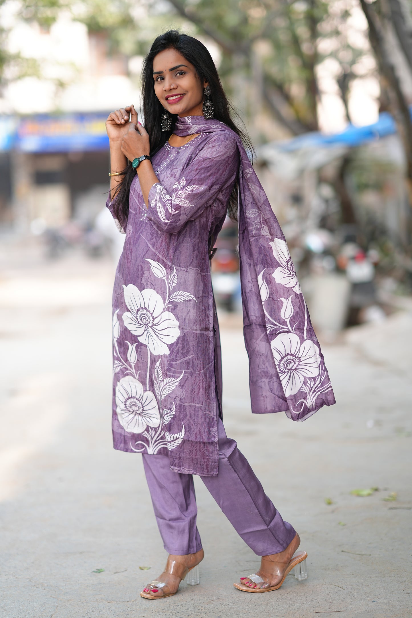 Purple Color Pure Crape Festive Wear 3 Piece Set
