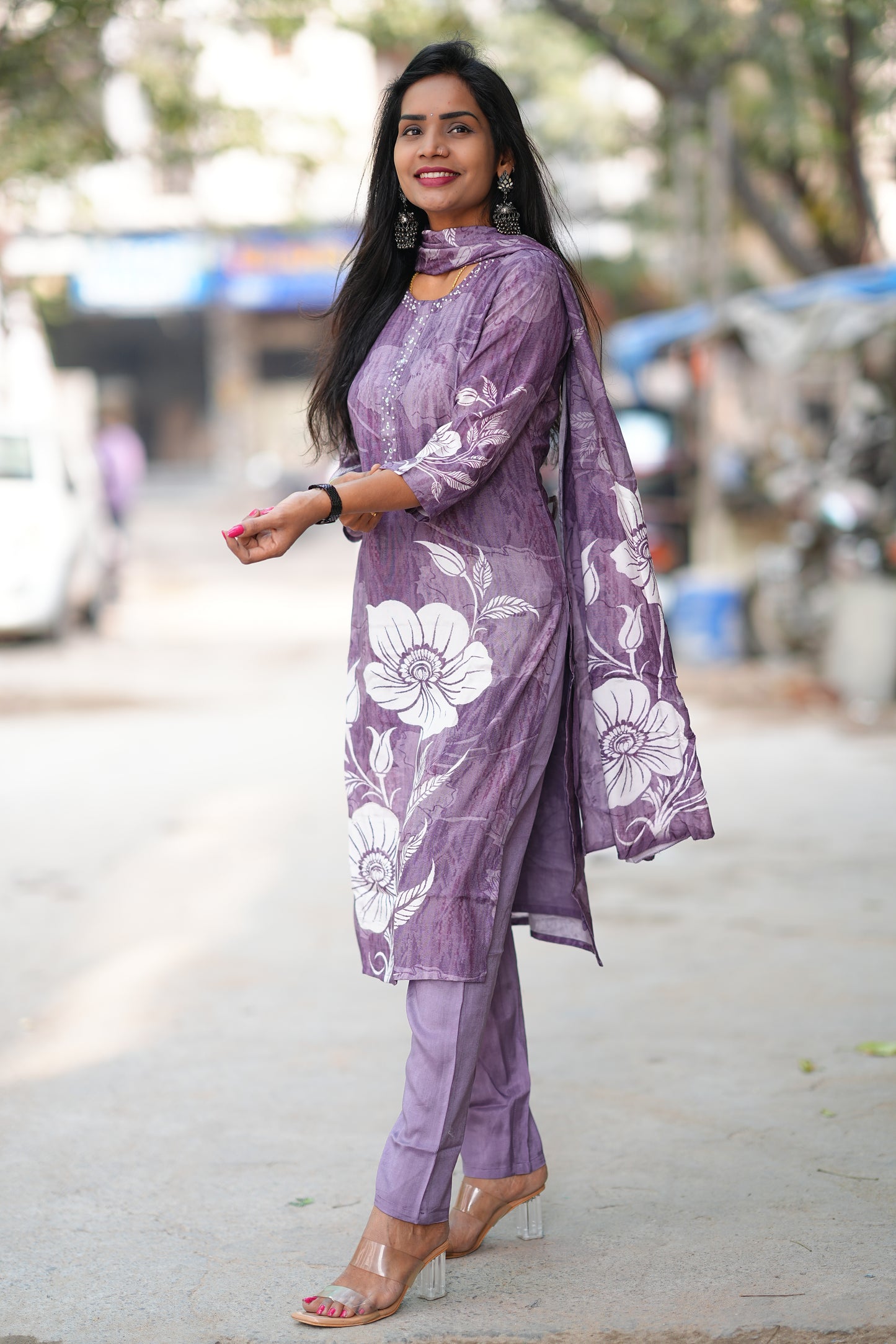 Purple Color Pure Crape Festive Wear 3 Piece Set