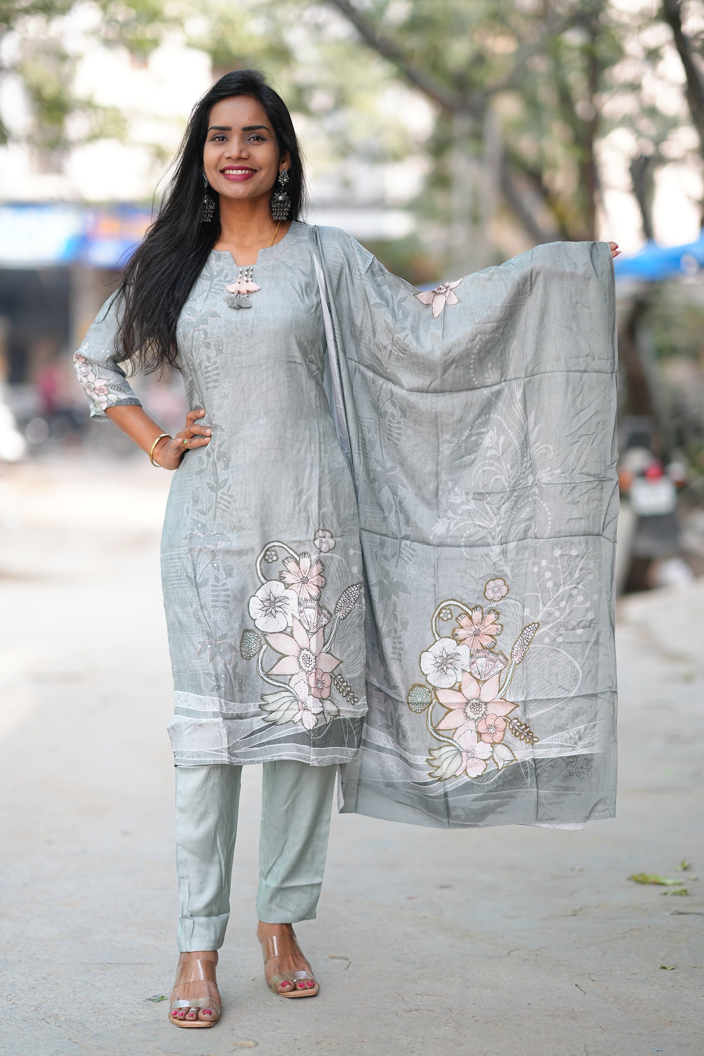 Silver Sage Color Pure Crape Festive Wear 3 Piece Set