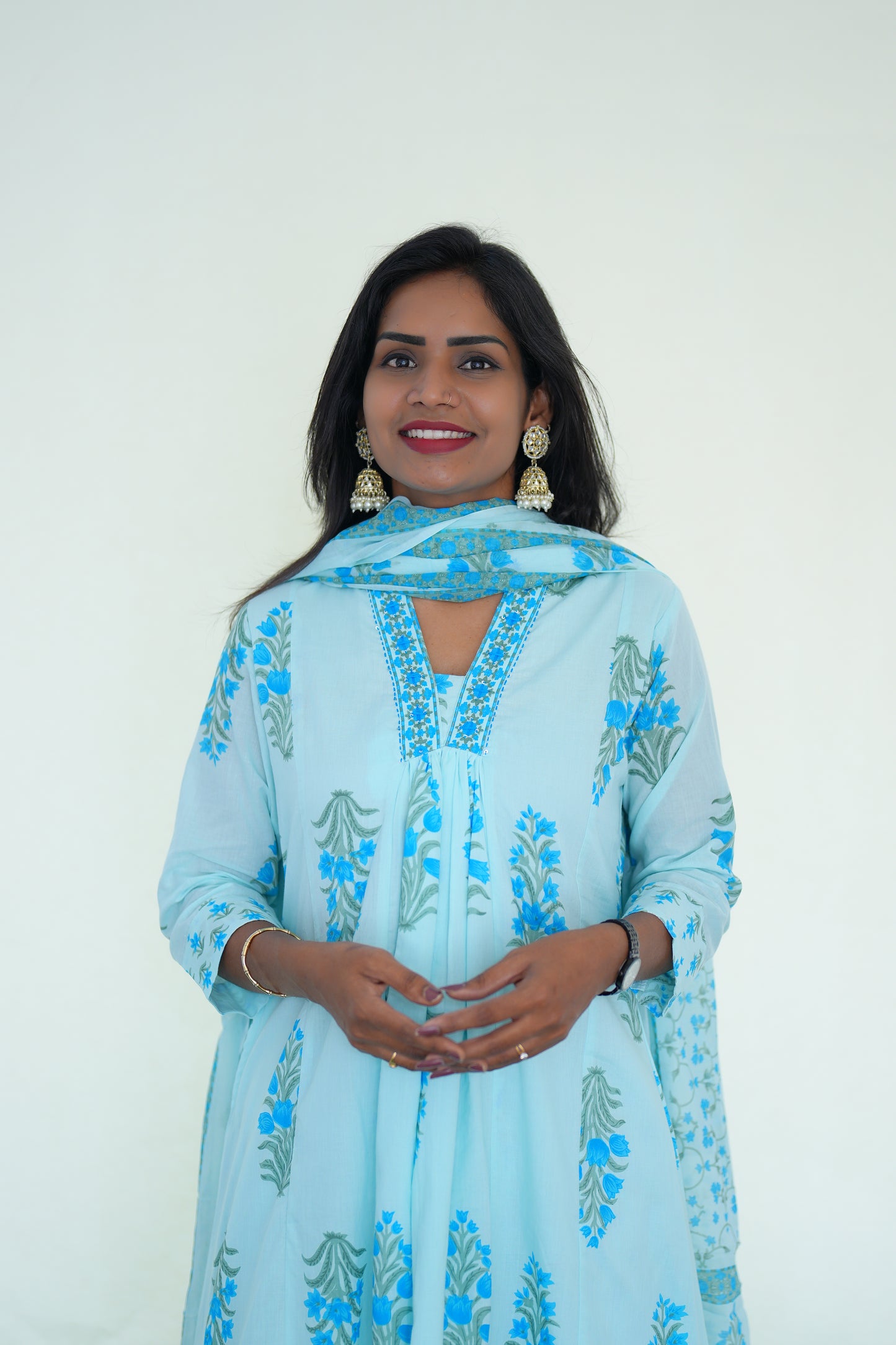 sky blue Color Mul Cotton 3 Piece Set With Sea Blue color Block Print and Complete Lining