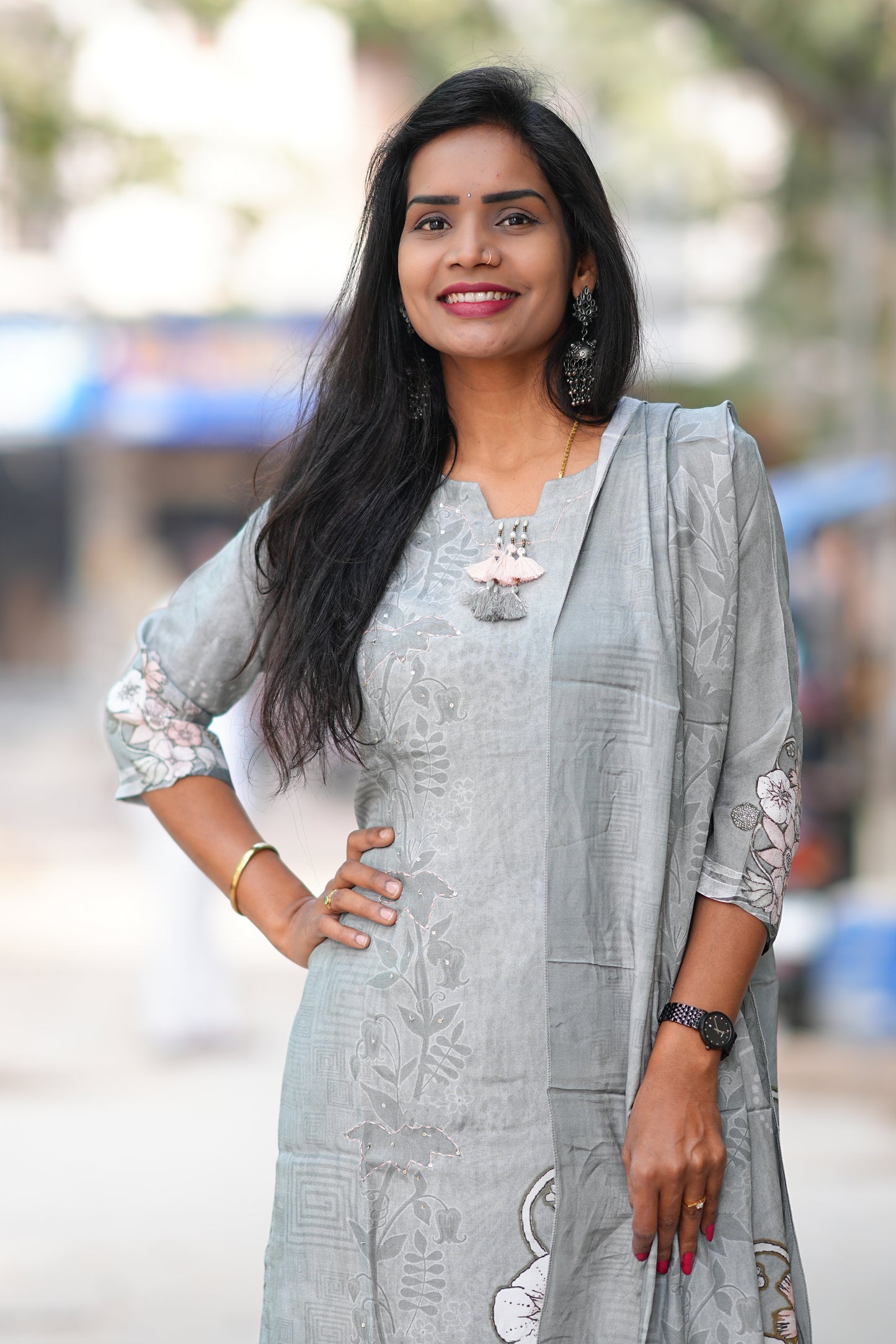 Silver Sage Color Pure Crape Festive Wear 3 Piece Set