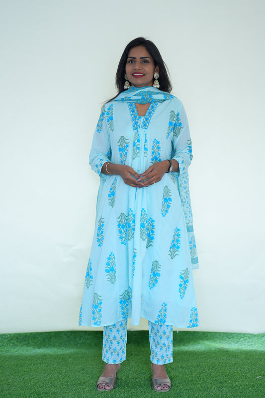 sky blue Color Mul Cotton 3 Piece Set With Sea Blue color Block Print and Complete Lining