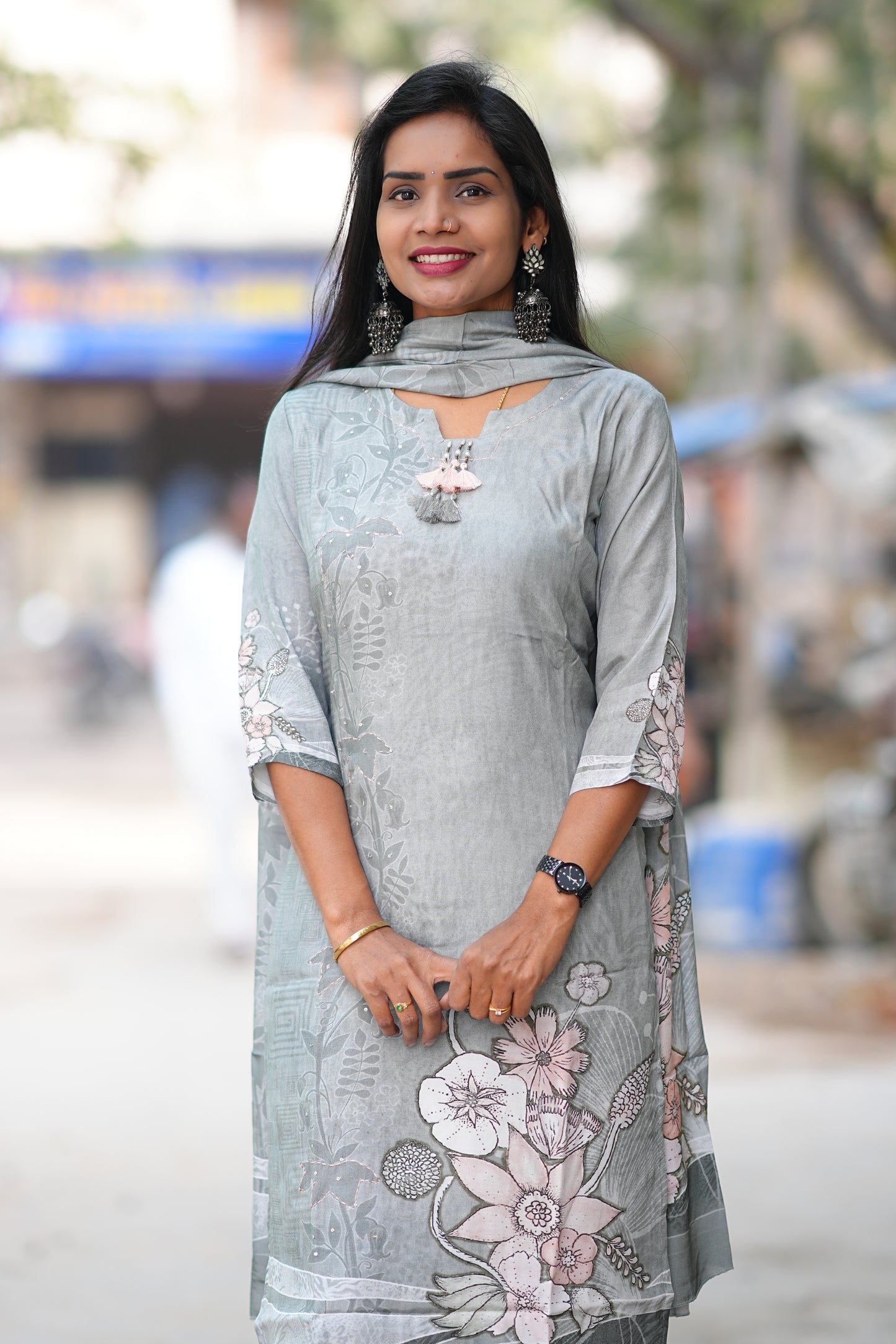 Silver Sage Color Pure Crape Festive Wear 3 Piece Set