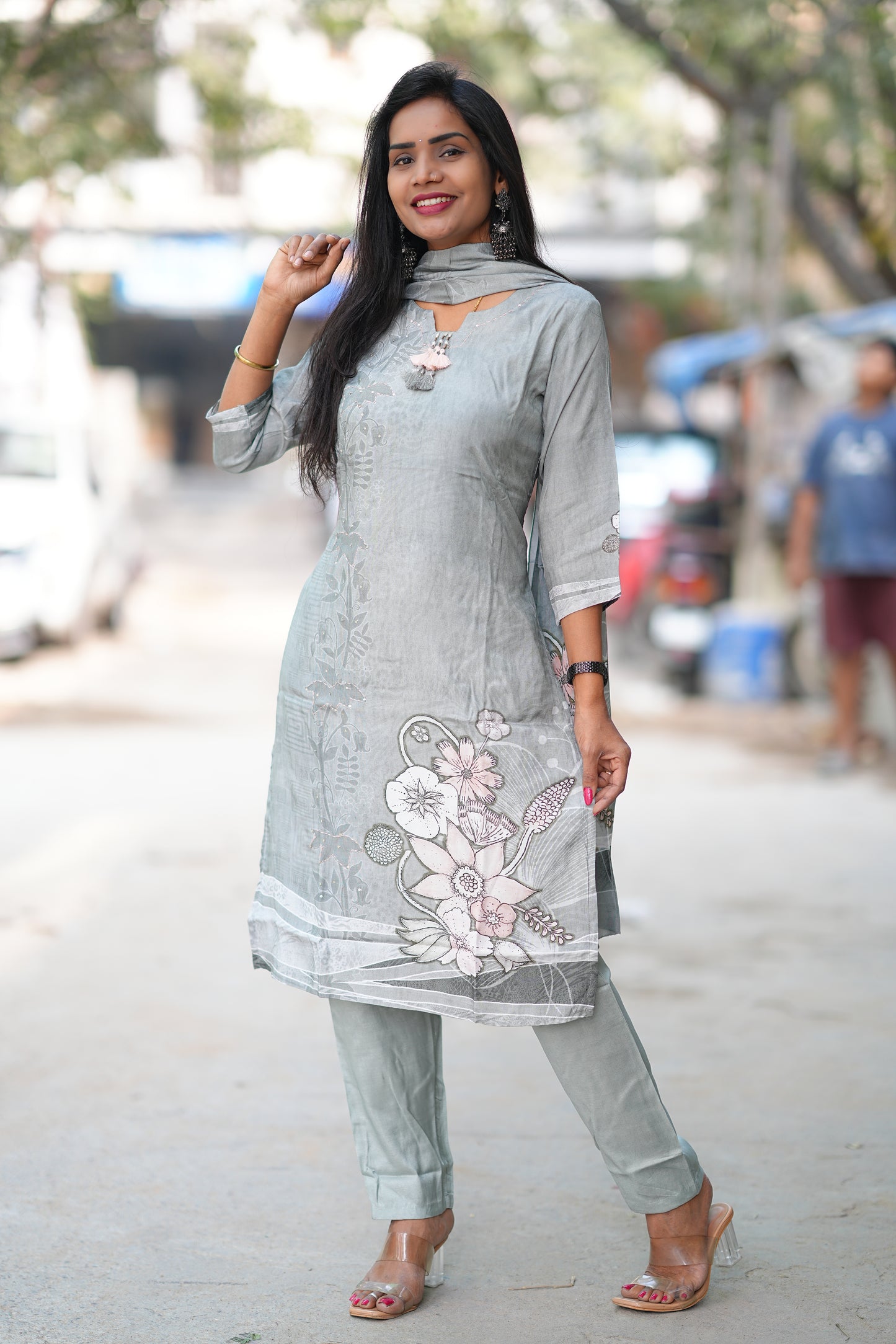 Silver Sage Color Pure Crape Festive Wear 3 Piece Set