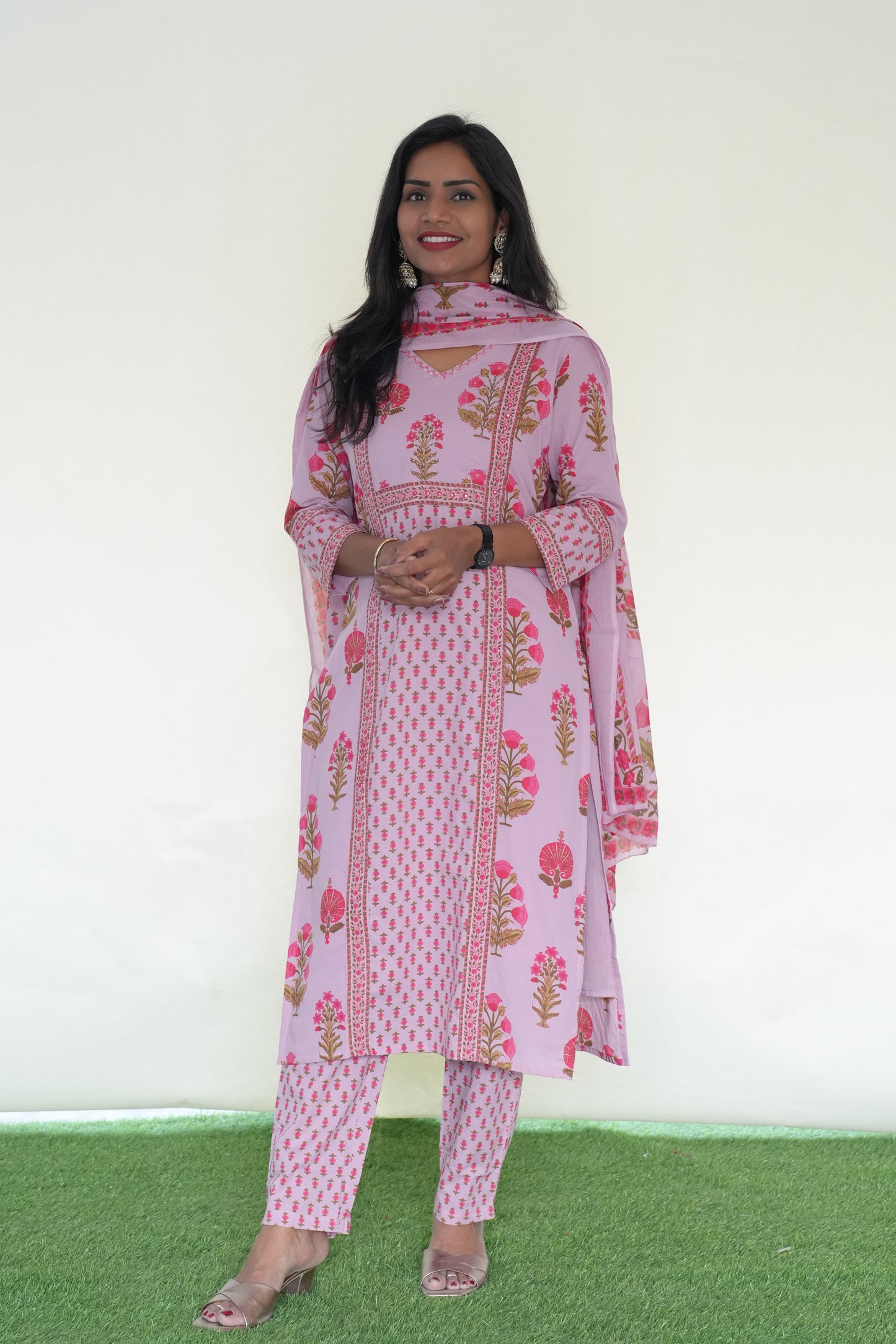 Pink Color Jaipur Cotton 3 Piece Set With Block Print and Complete Lining