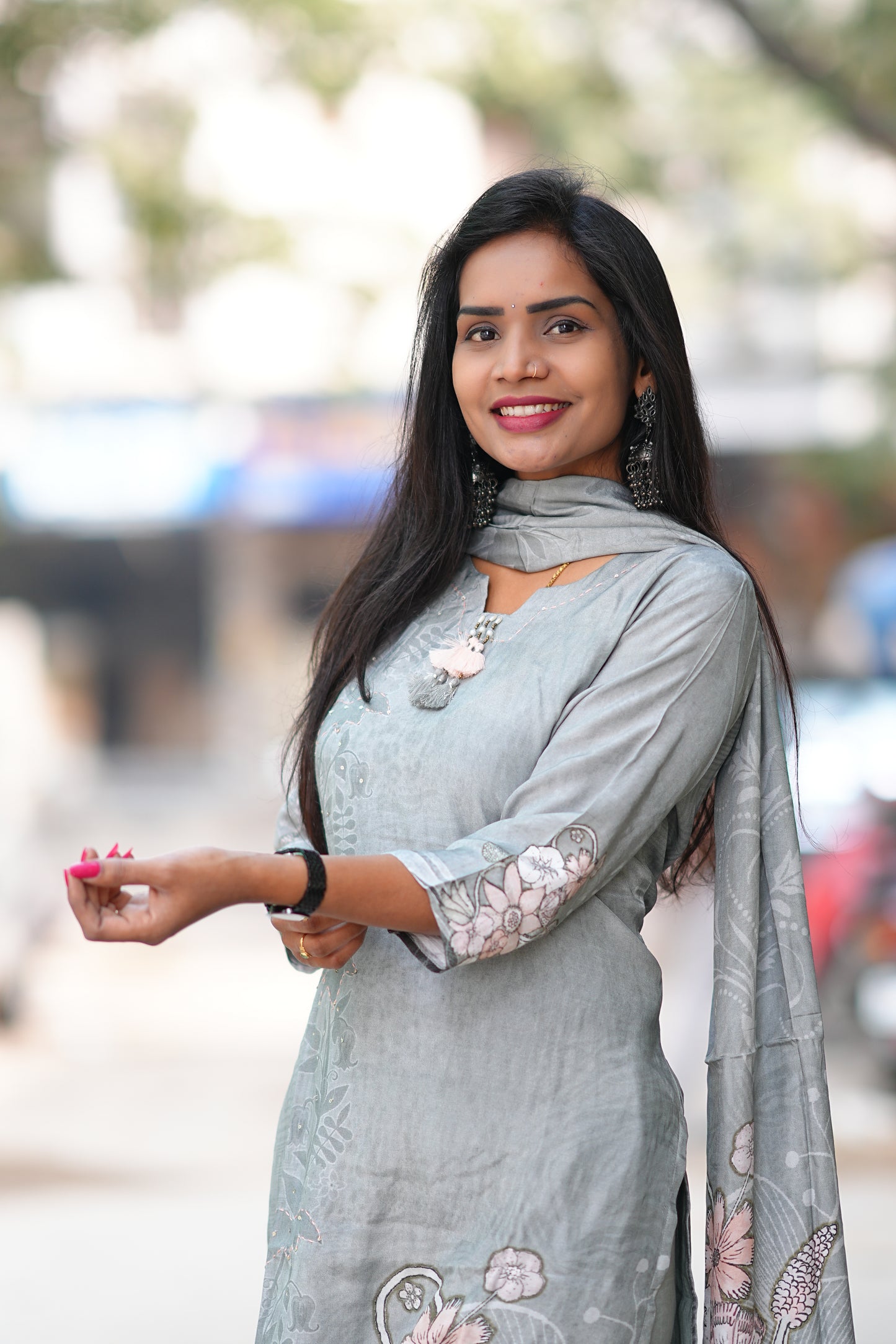 Silver Sage Color Pure Crape Festive Wear 3 Piece Set