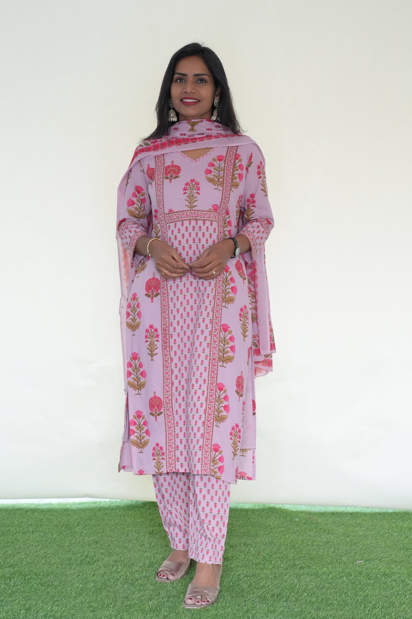 Pink Color Jaipur Cotton 3 Piece Set With Block Print and Complete Lining