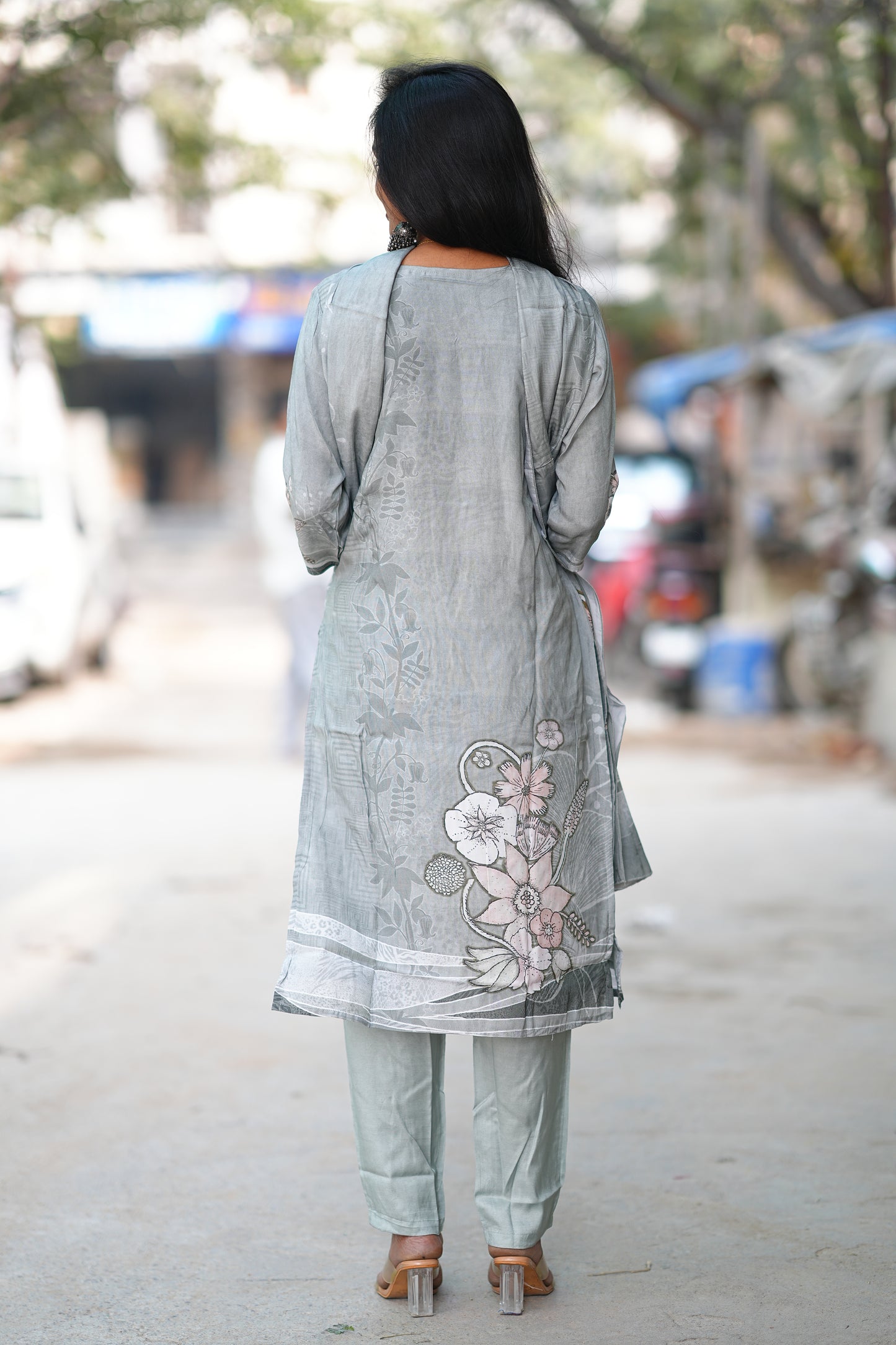 Silver Sage Color Pure Crape Festive Wear 3 Piece Set