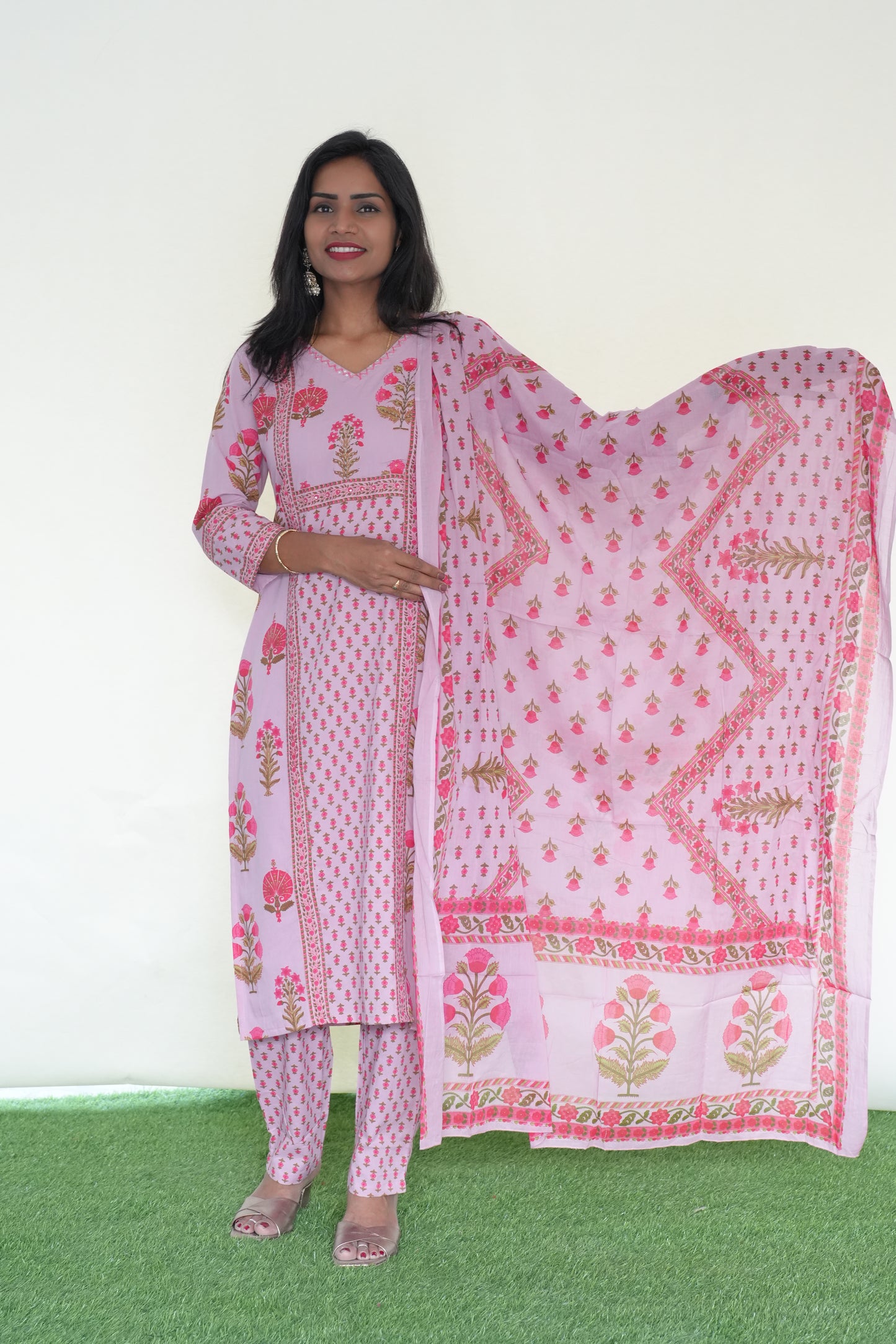 Pink Color Jaipur Cotton 3 Piece Set With Block Print and Complete Lining