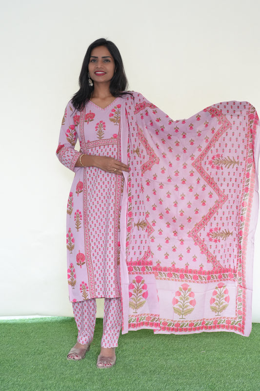 Pink Color Jaipur Cotton 3 Piece Set With Block Print and Complete Lining