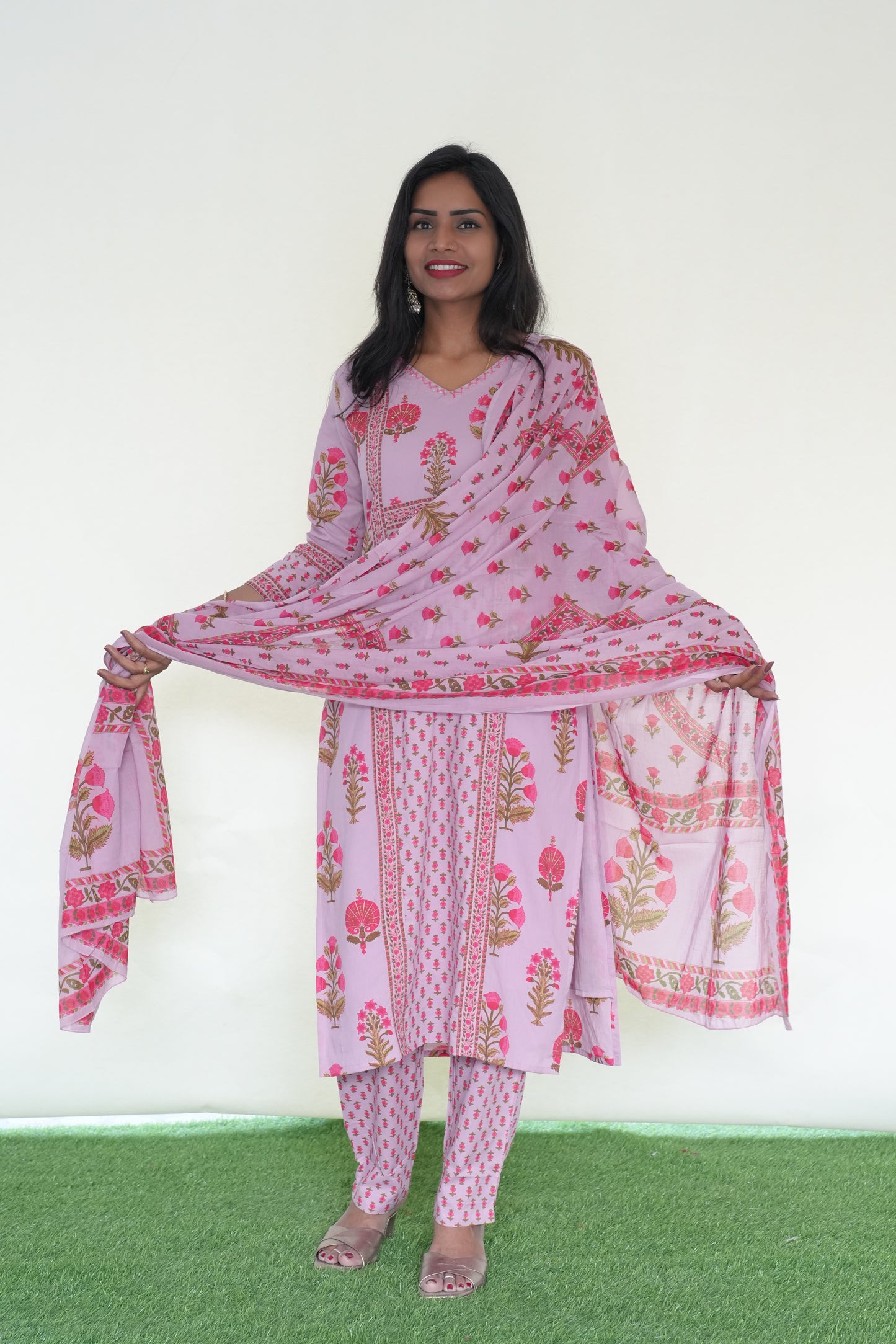 Pink Color Jaipur Cotton 3 Piece Set With Block Print and Complete Lining