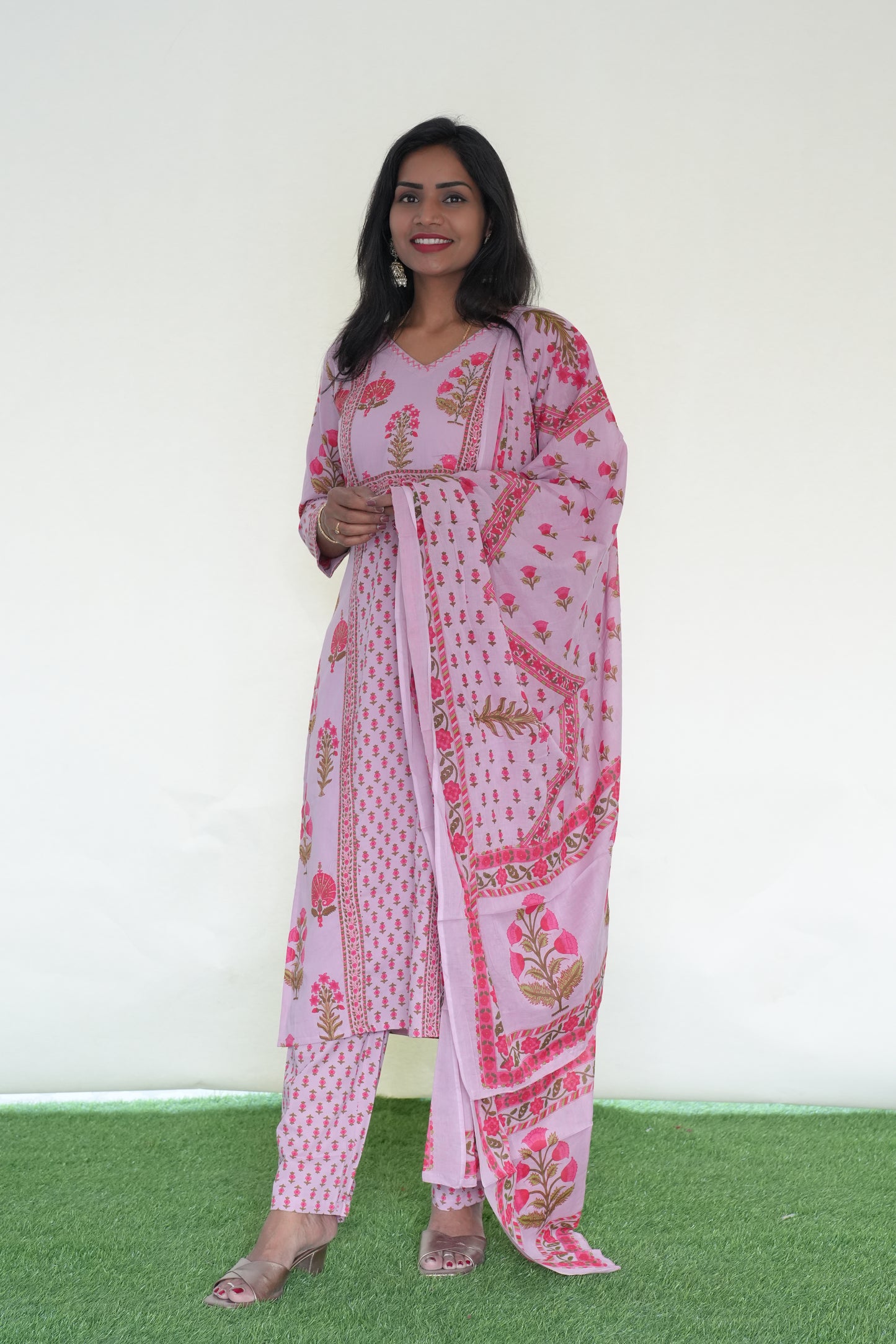 Pink Color Jaipur Cotton 3 Piece Set With Block Print and Complete Lining