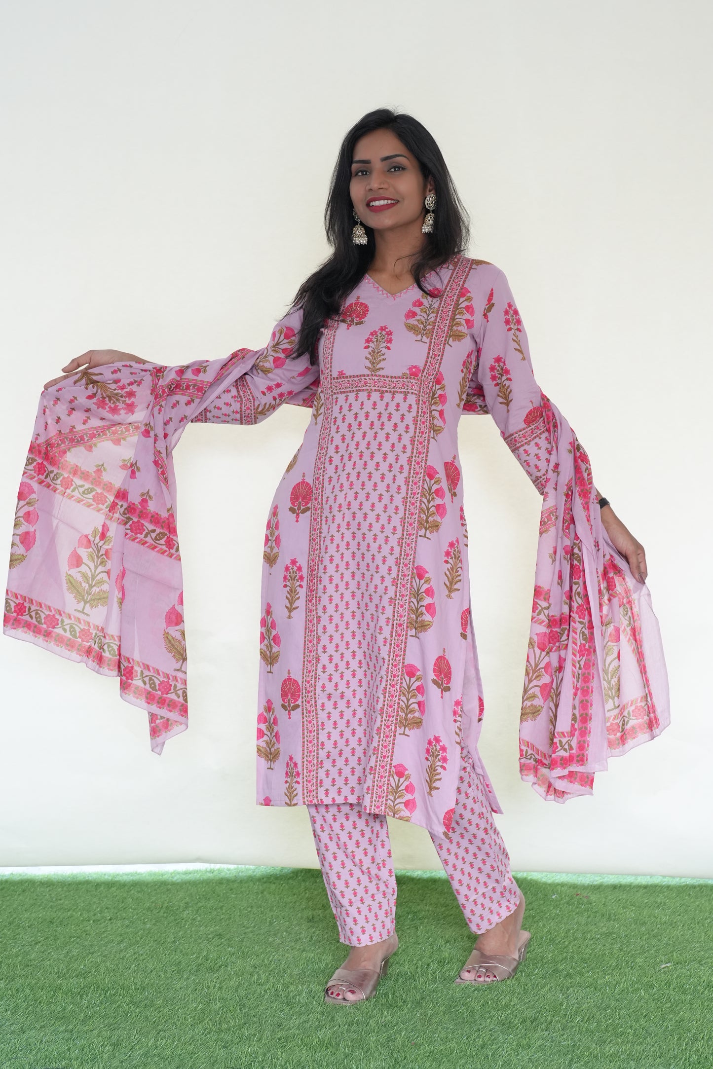 Pink Color Jaipur Cotton 3 Piece Set With Block Print and Complete Lining