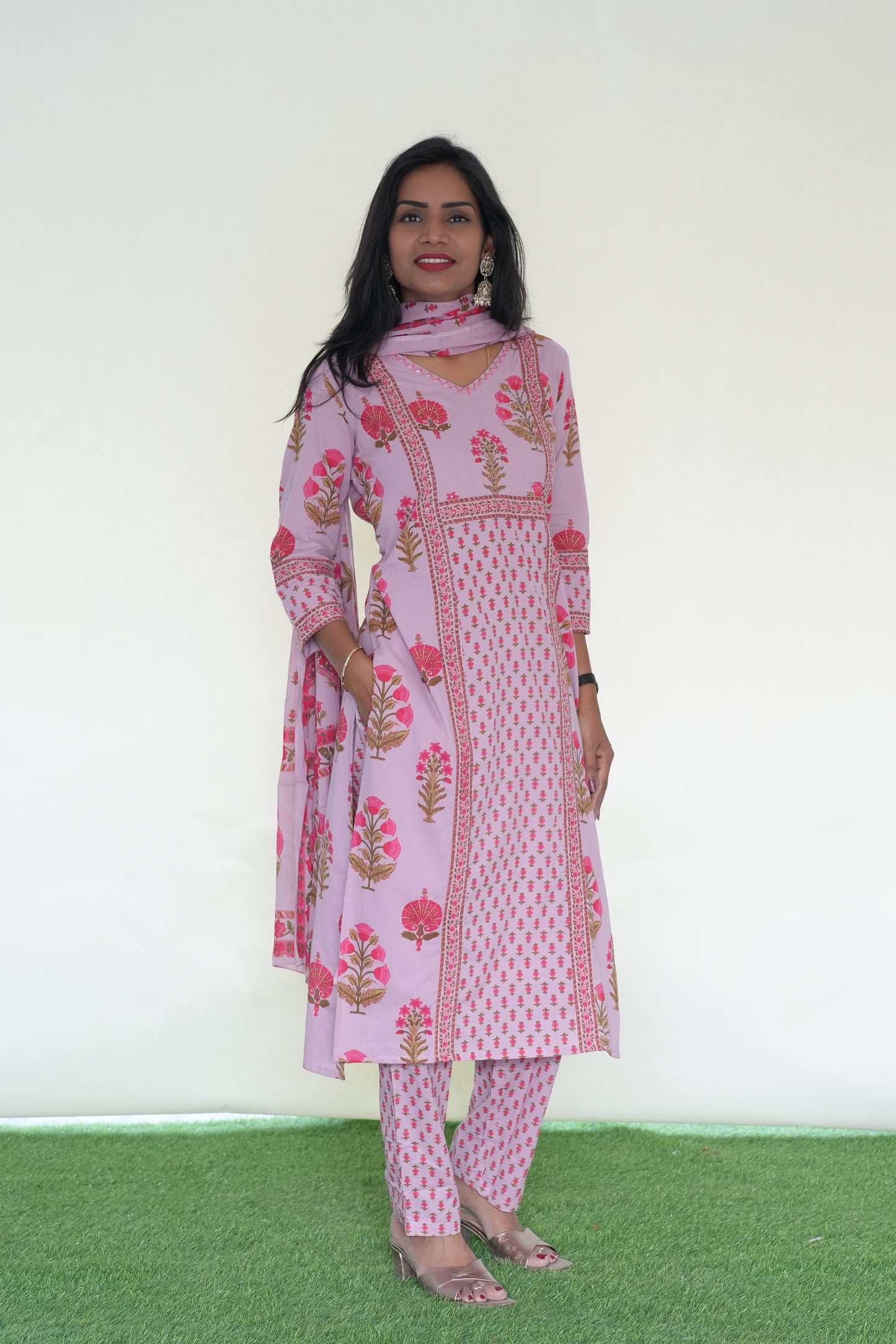 Pink Color Jaipur Cotton 3 Piece Set With Block Print and Complete Lining