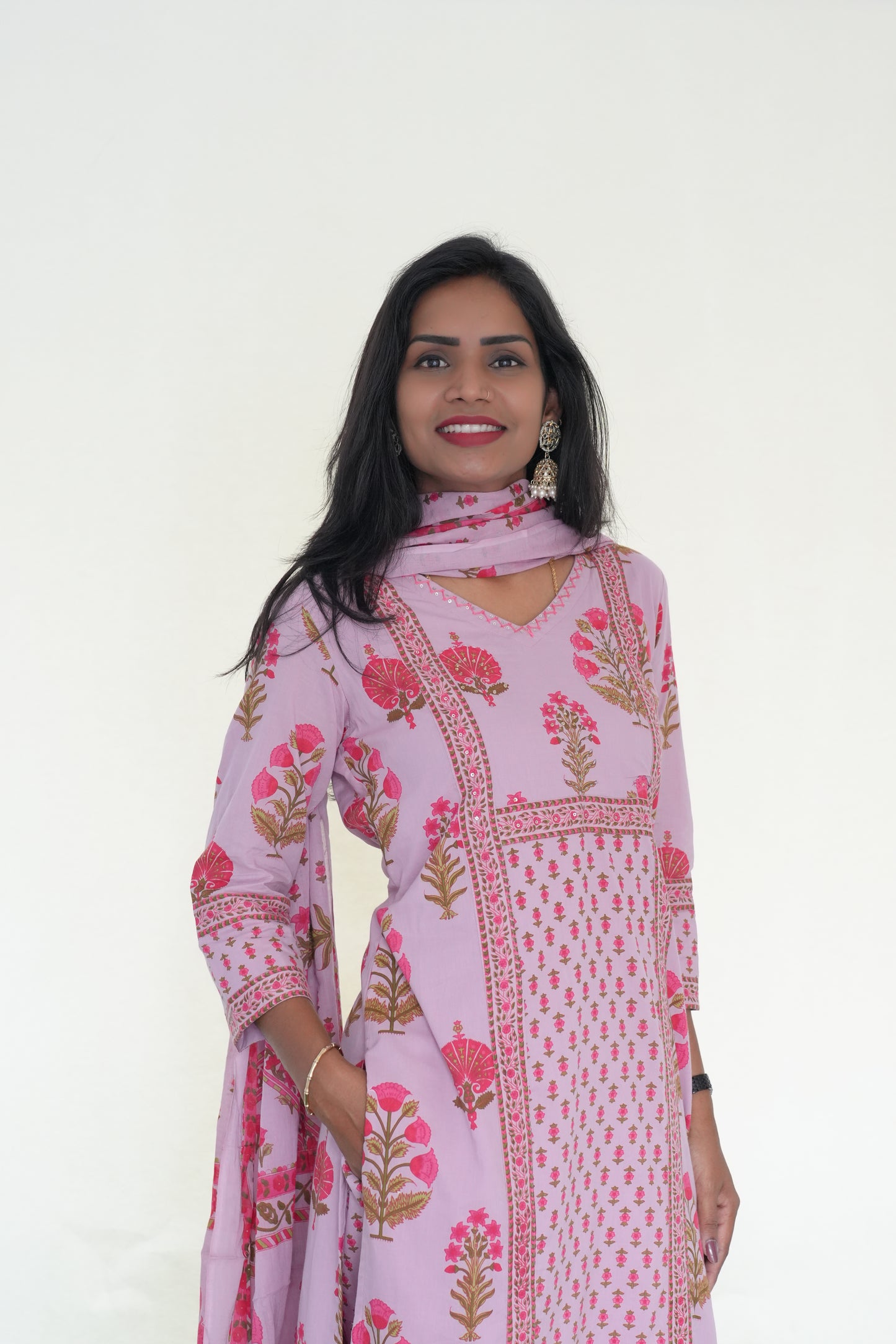 Pink Color Jaipur Cotton 3 Piece Set With Block Print and Complete Lining