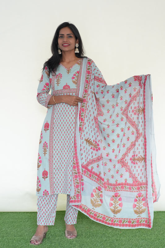 Sea Green Color Jaipur Cotton 3 Piece Set With Block Print and Complte Lining