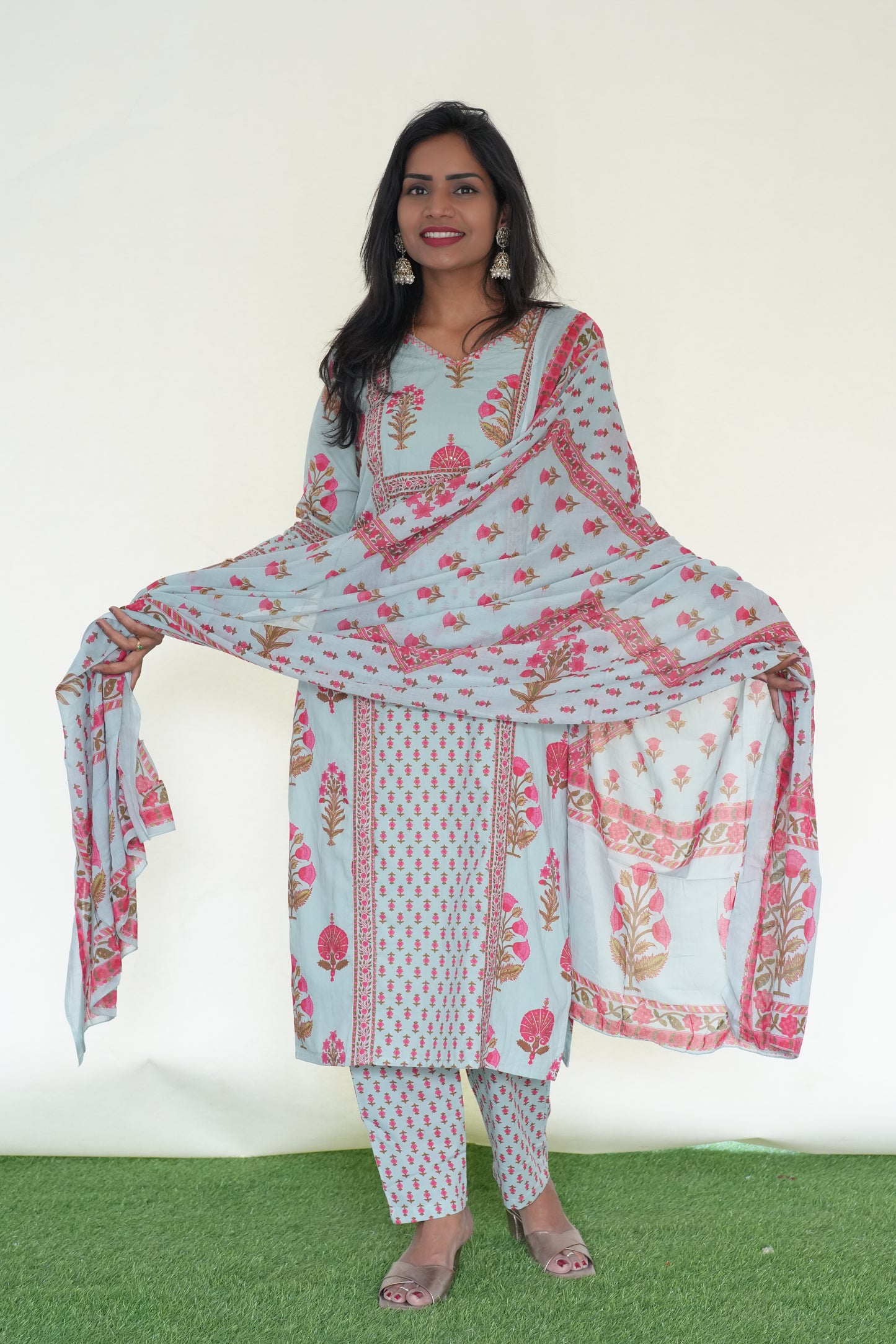 Sea Green Color Jaipur Cotton 3 Piece Set With Block Print and Complte Lining
