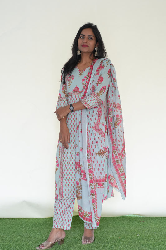 Sea Green Color Jaipur Cotton 3 Piece Set With Block Print and Complte Lining