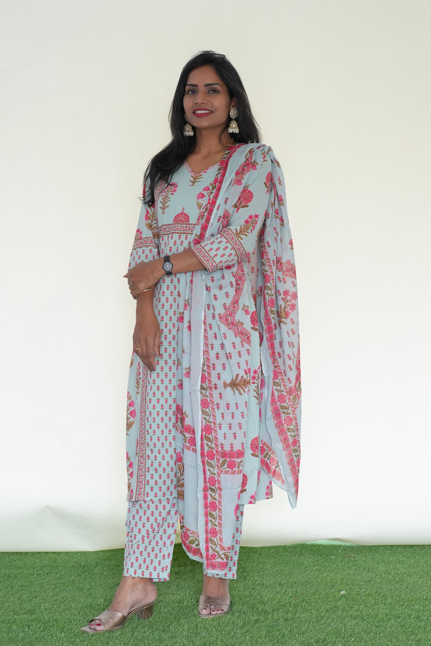 Sea Green Color Jaipur Cotton 3 Piece Set With Block Print and Complte Lining