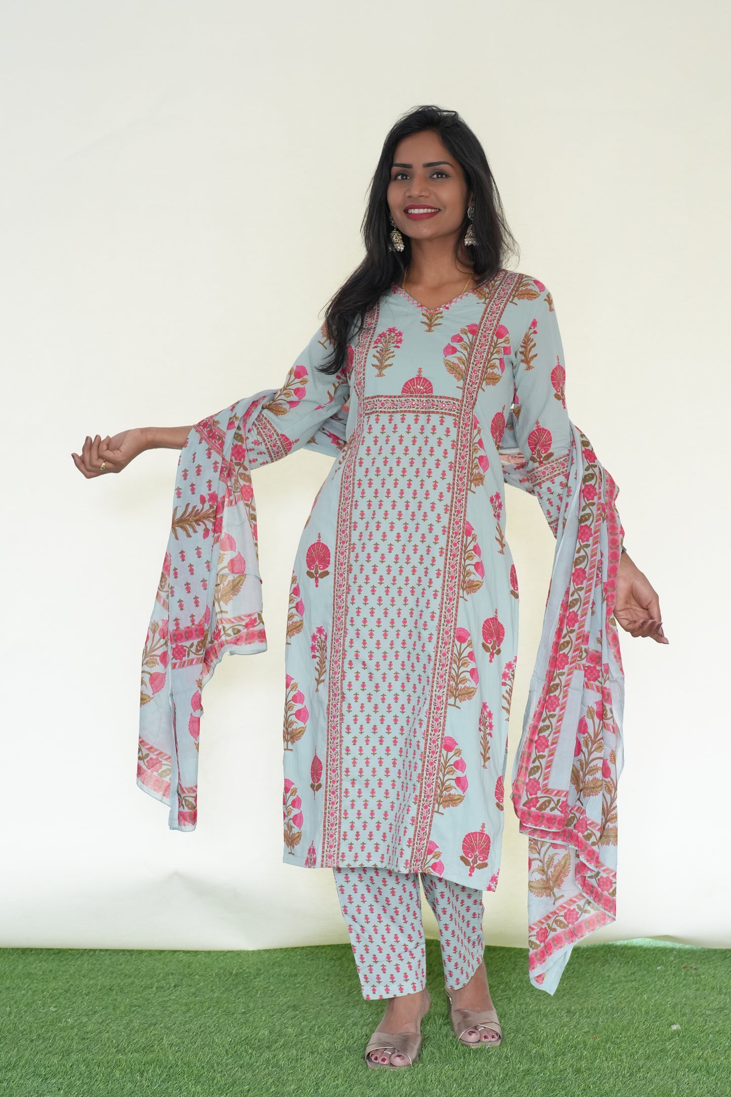 Sea Green Color Jaipur Cotton 3 Piece Set With Block Print and Complte Lining