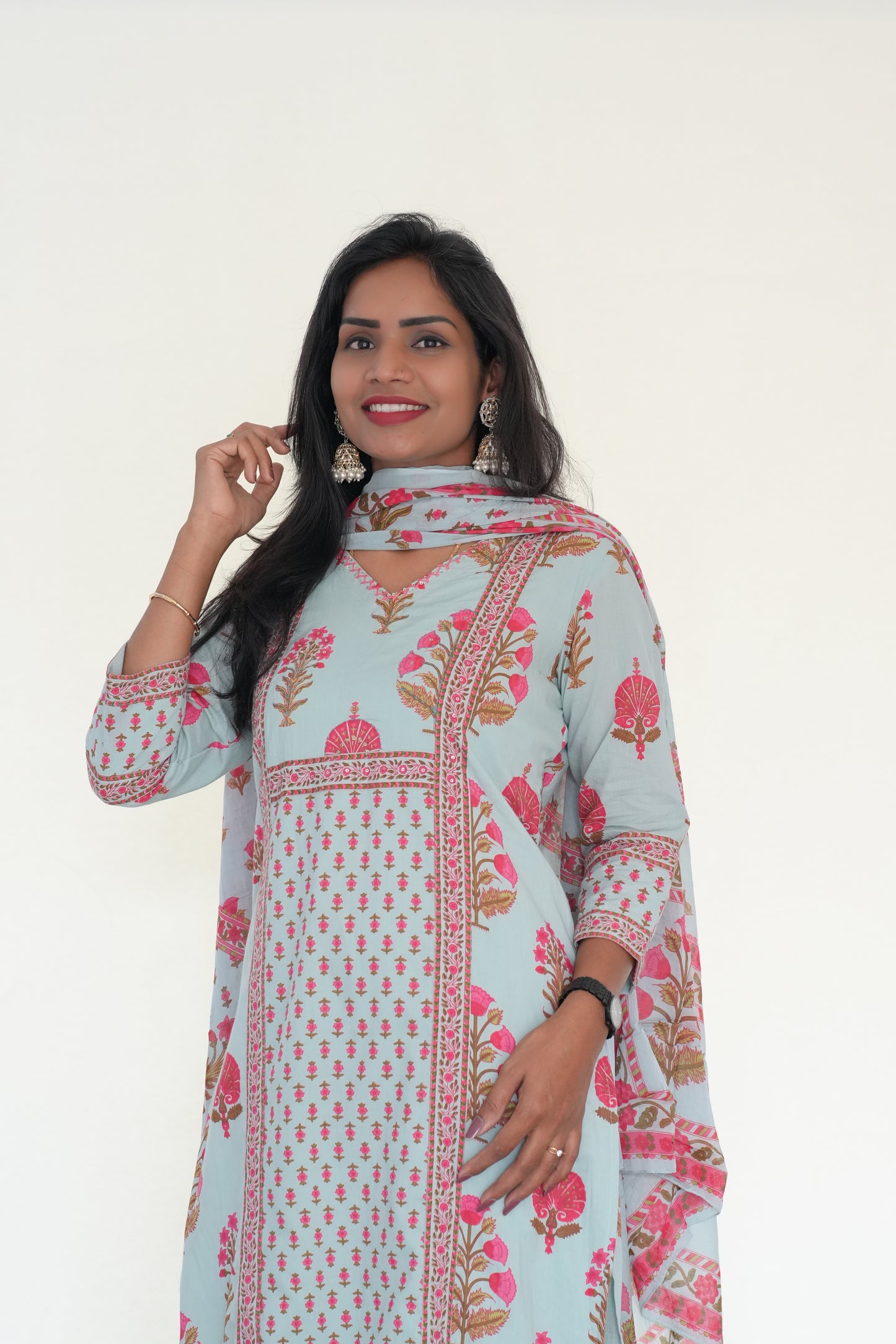 Sea Green Color Jaipur Cotton 3 Piece Set With Block Print and Complte Lining