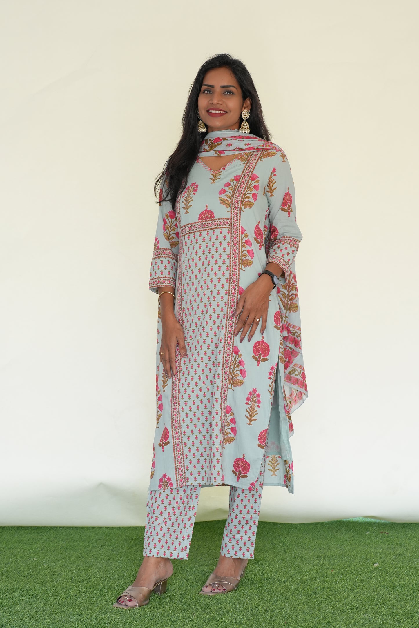 Sea Green Color Jaipur Cotton 3 Piece Set With Block Print and Complte Lining