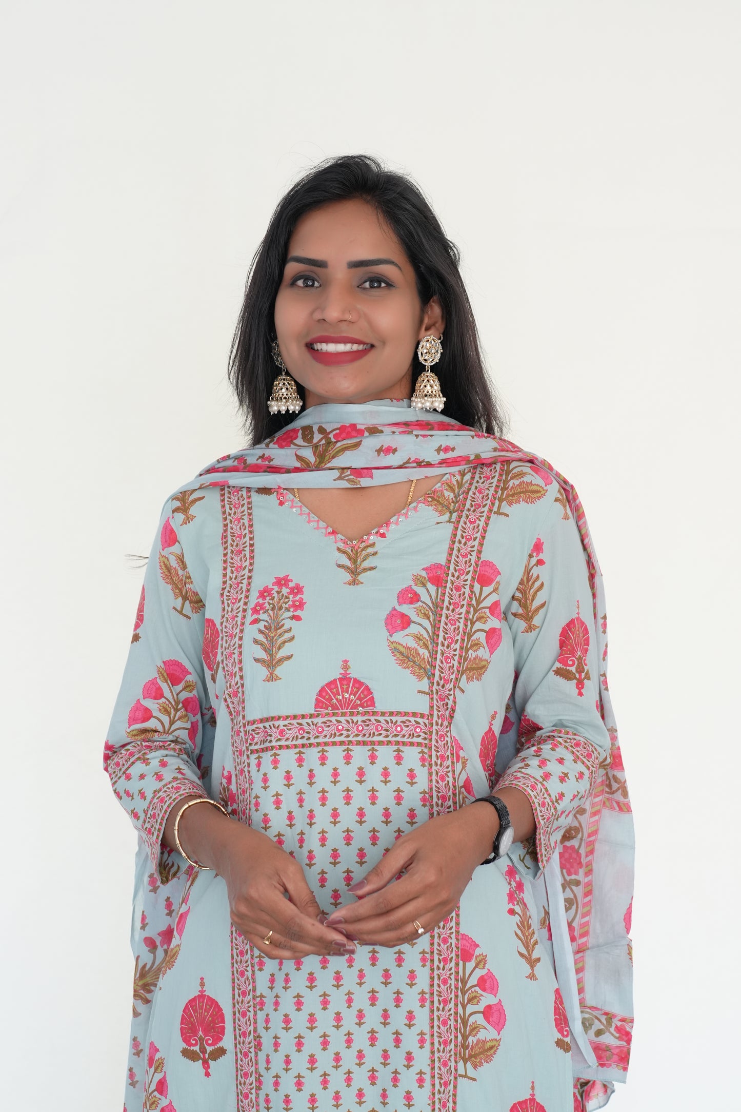 Sea Green Color Jaipur Cotton 3 Piece Set With Block Print and Complte Lining
