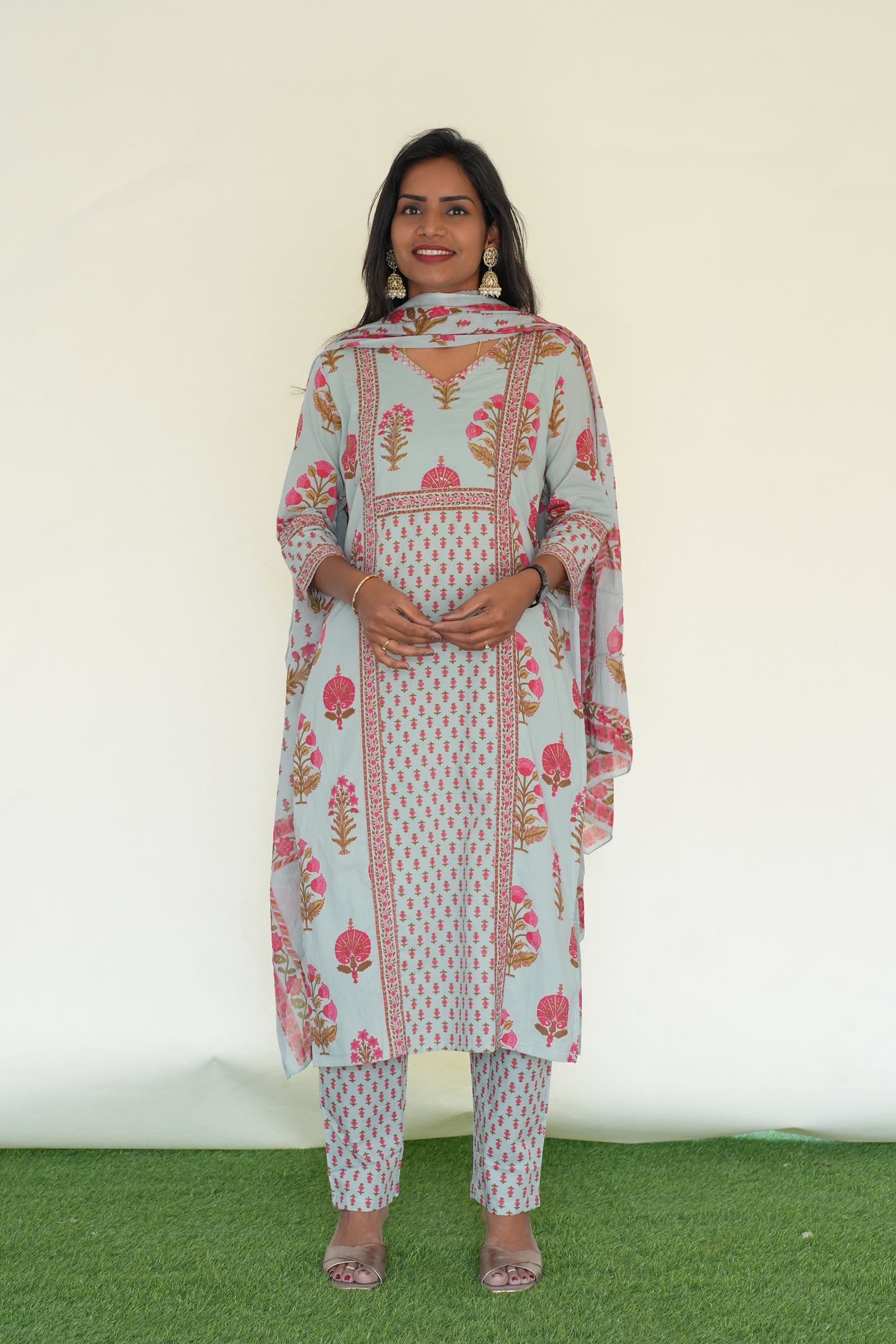 Sea Green Color Jaipur Cotton 3 Piece Set With Block Print and Complte Lining