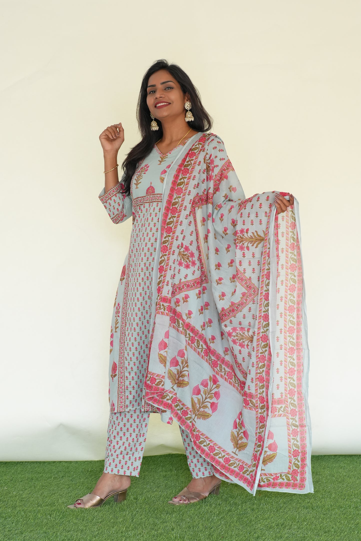 Sea Green Color Jaipur Cotton 3 Piece Set With Block Print and Complte Lining