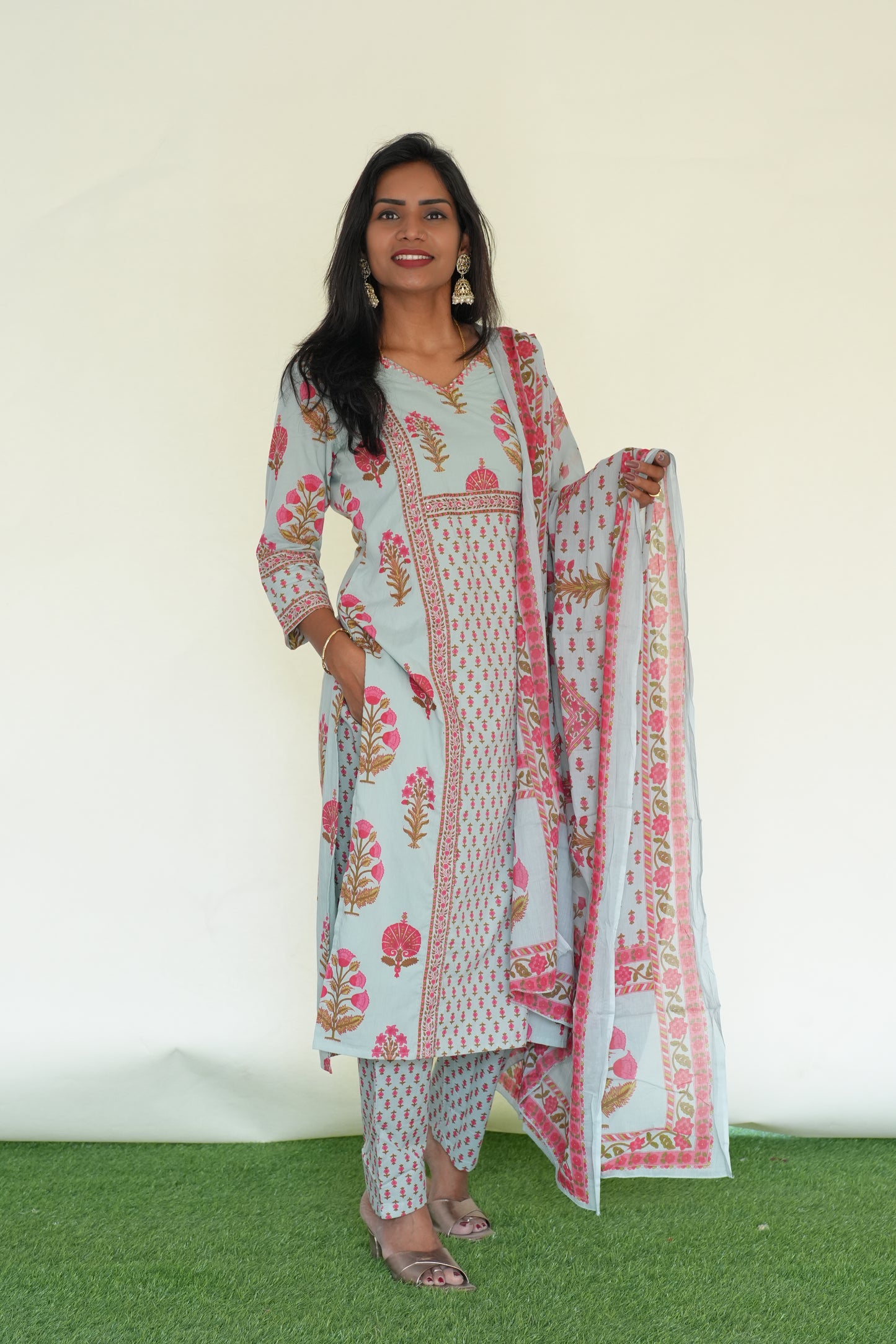 Sea Green Color Jaipur Cotton 3 Piece Set With Block Print and Complte Lining