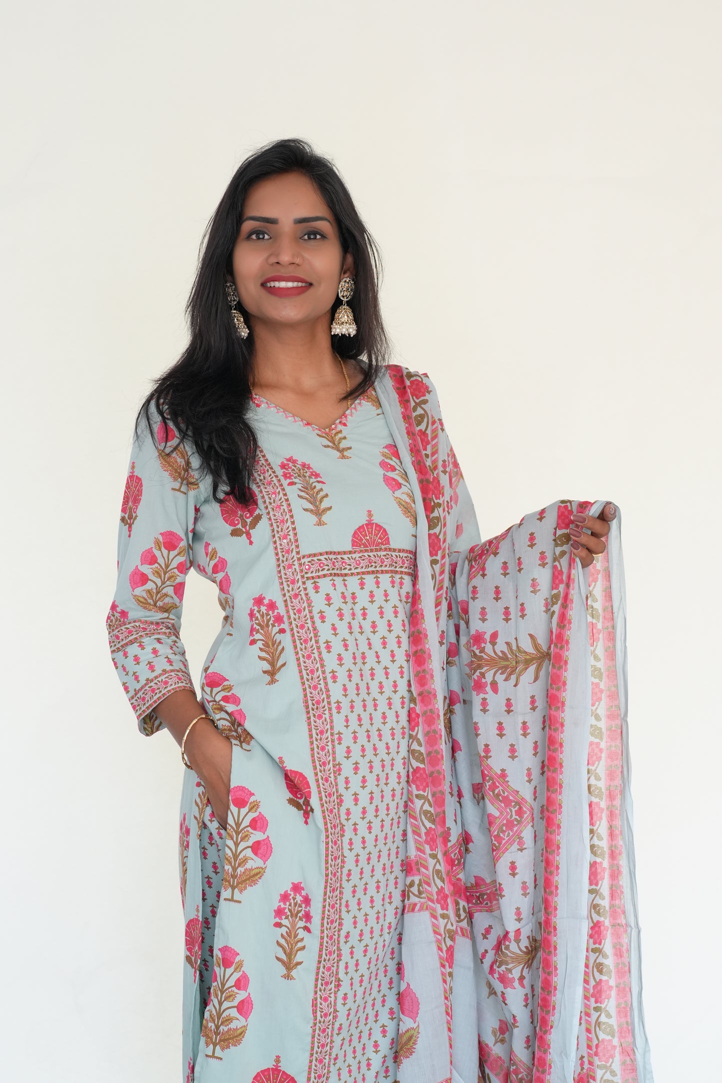 Sea Green Color Jaipur Cotton 3 Piece Set With Block Print and Complte Lining