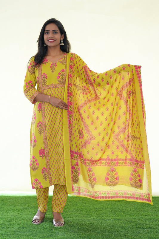 Yellow Color Jaipur Cotton 3 Piece Set With Block Print and Complte Lining